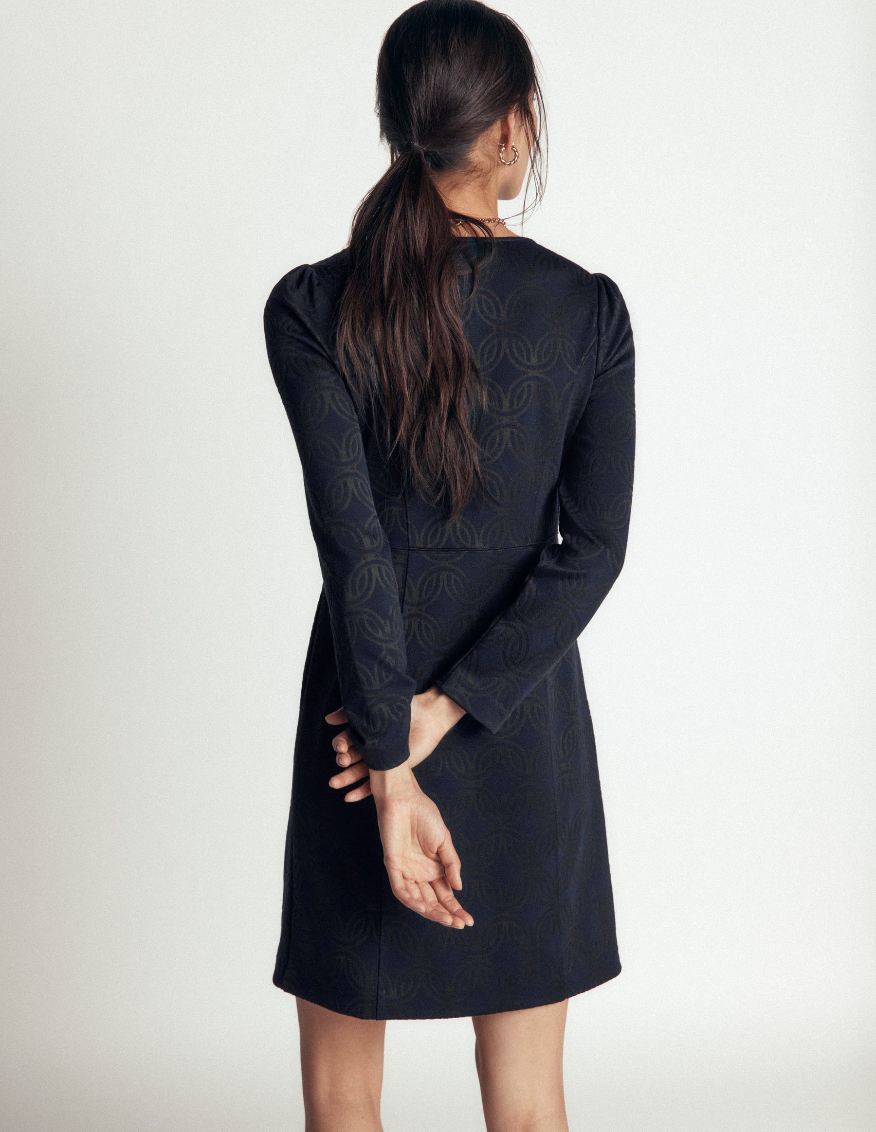 Marla Seamed Ottoman Dress-Navy and Forest Glade Jacquard