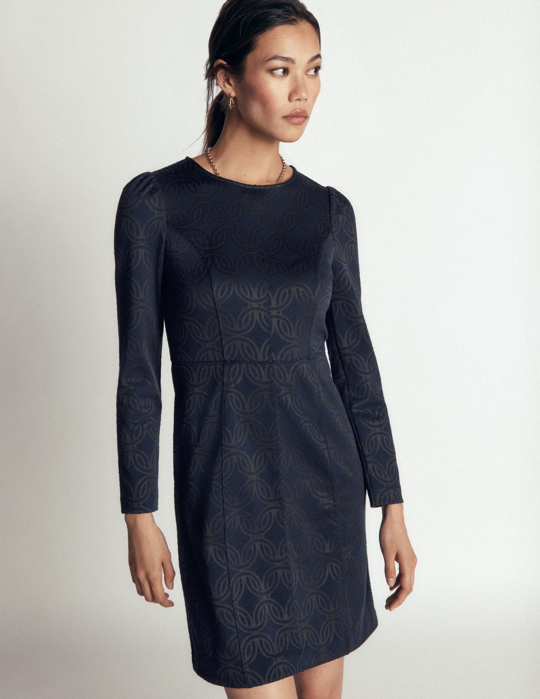 Marla Seamed Ottoman Dress-Navy and Forest Glade Jacquard