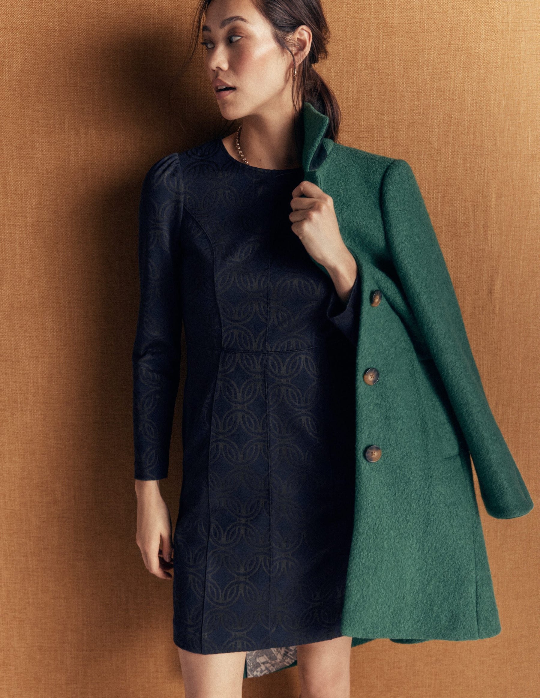 Marla Seamed Ottoman Dress-Navy and Forest Glade Jacquard