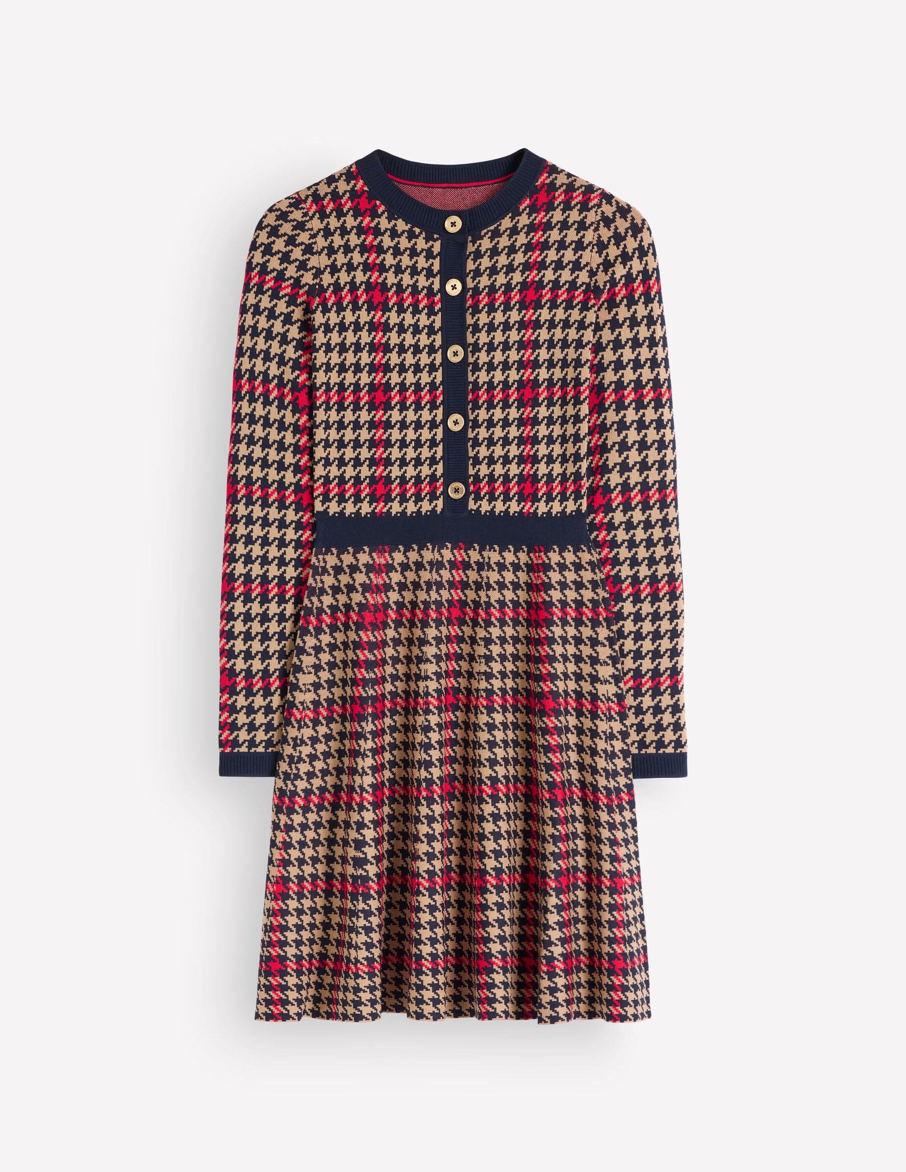 Crew Neck Jacquard Dress-Navy, Camel, Red Check