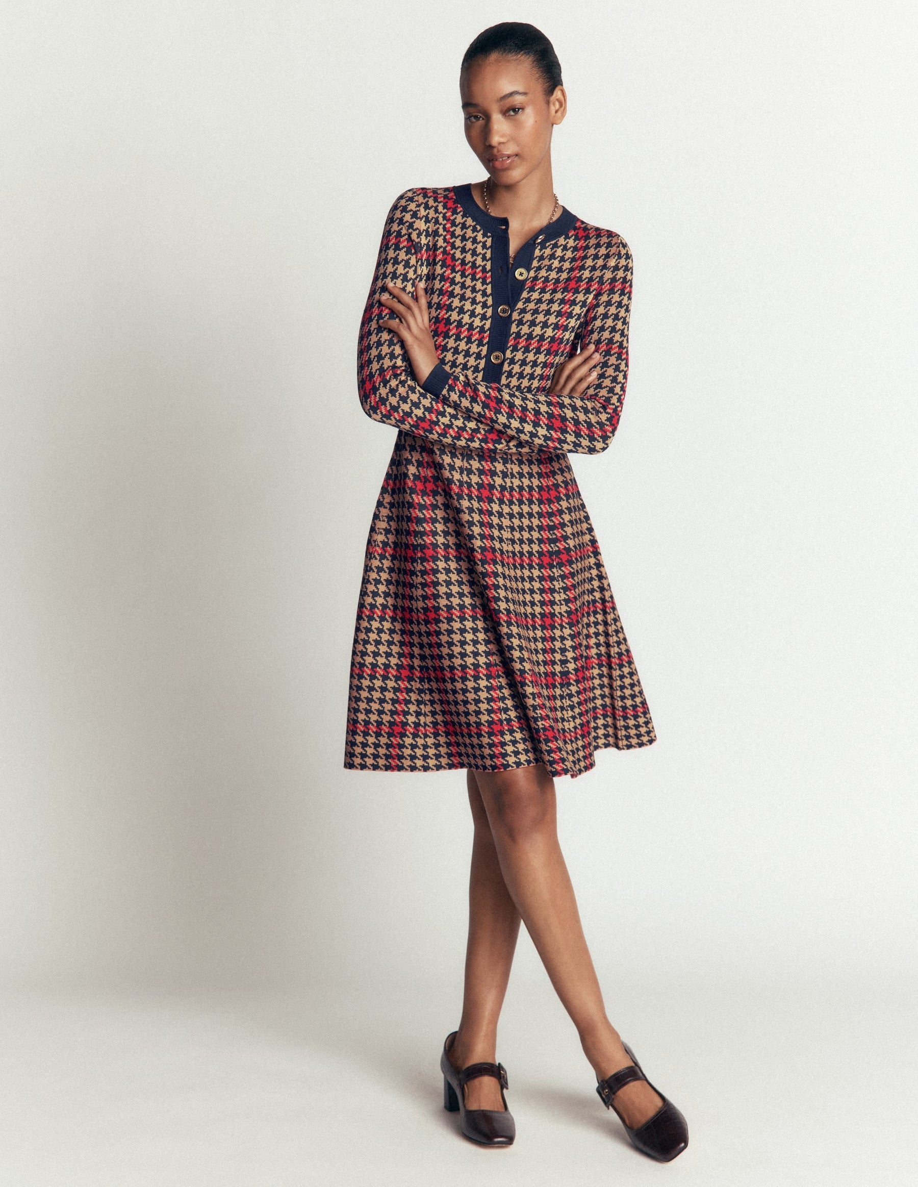 Crew Neck Jacquard Dress-Navy, Camel, Red Check