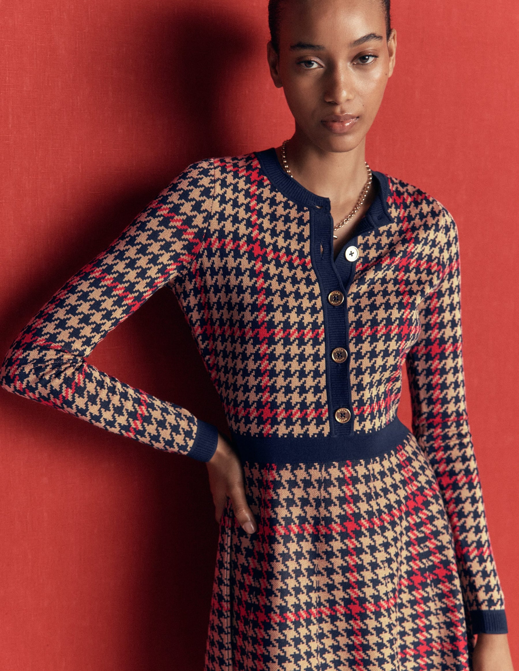 Crew Neck Jacquard Dress-Navy, Camel, Red Check