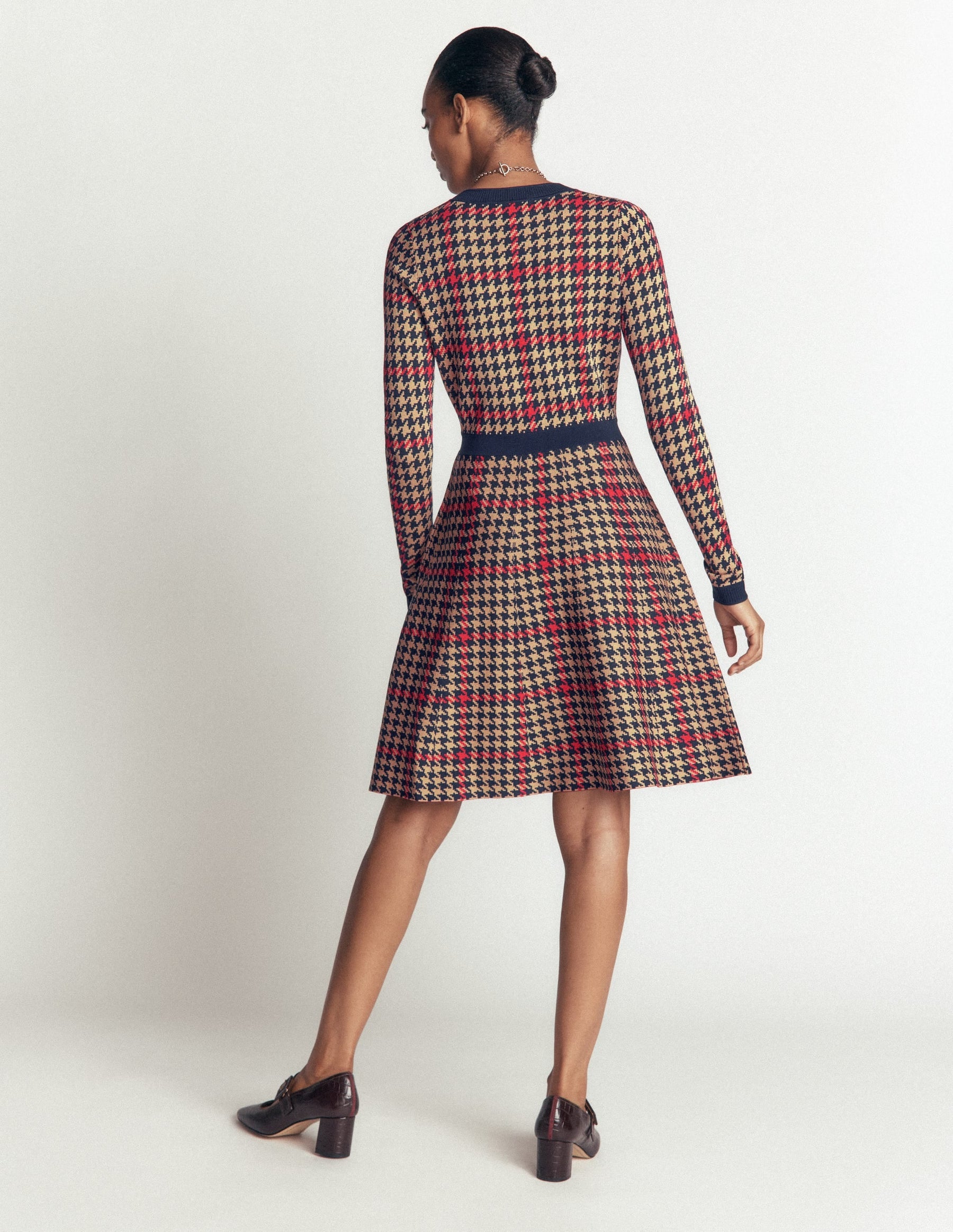 Crew Neck Jacquard Dress-Navy, Camel, Red Check