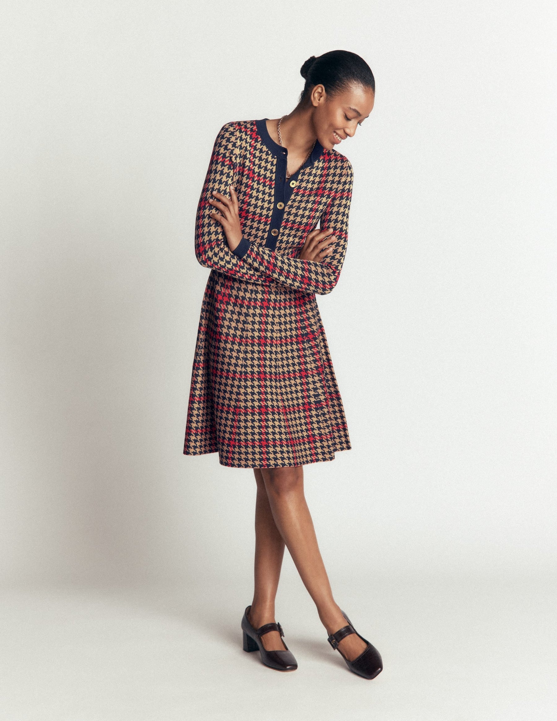 Crew Neck Jacquard Dress-Navy, Camel, Red Check
