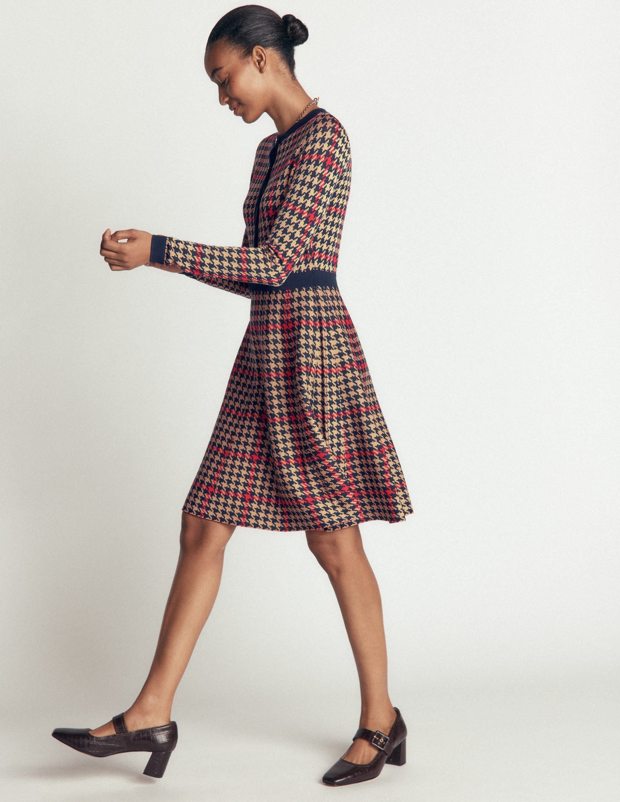 Crew Neck Jacquard Dress-Navy, Camel, Red Check