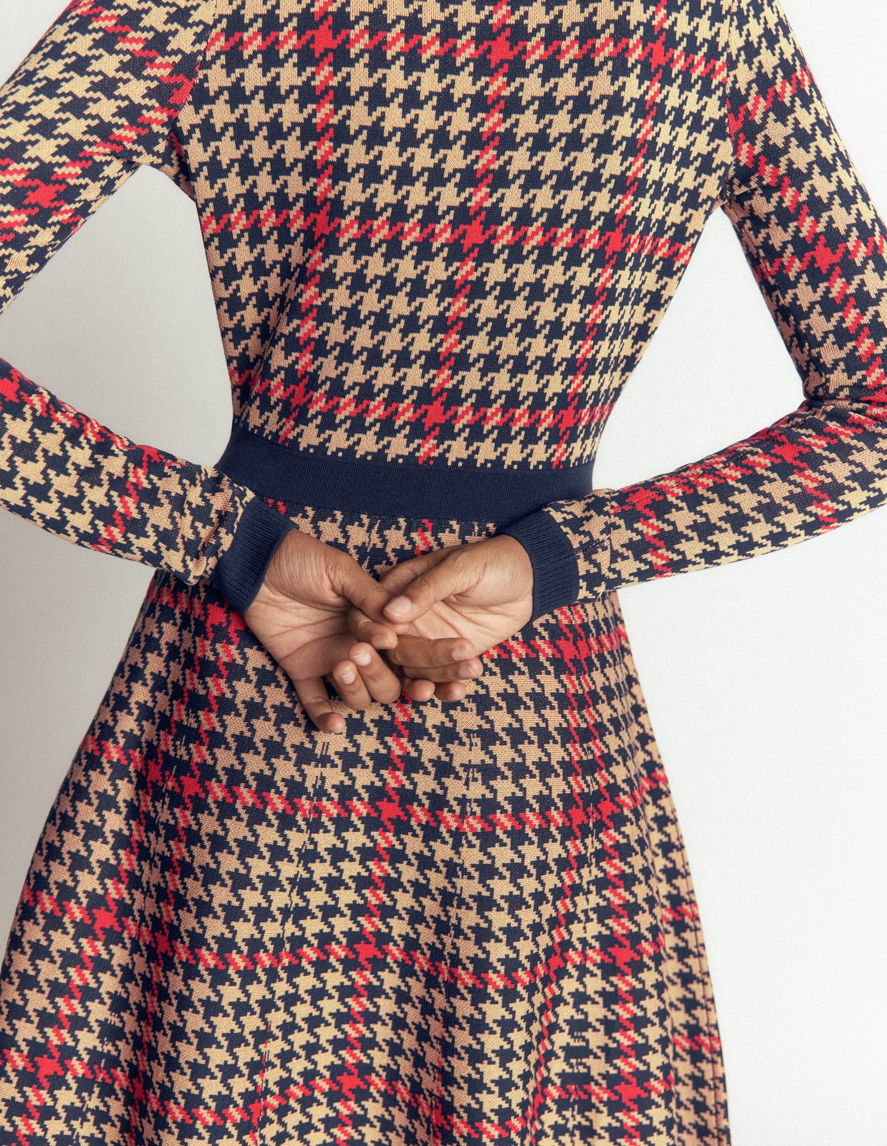Crew Neck Jacquard Dress-Navy, Camel, Red Check