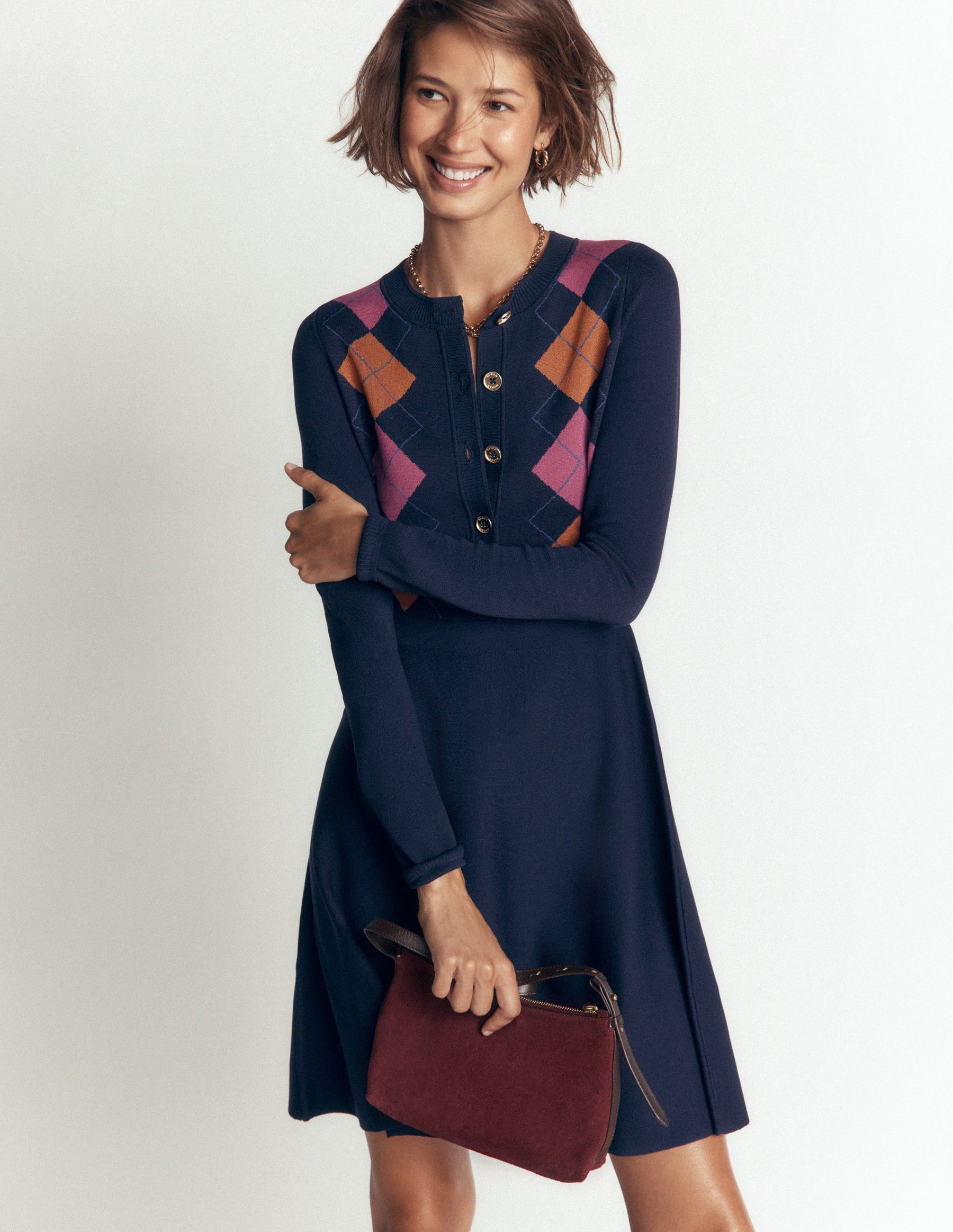 Crew Neck Jacquard Dress-Navy Jacquard