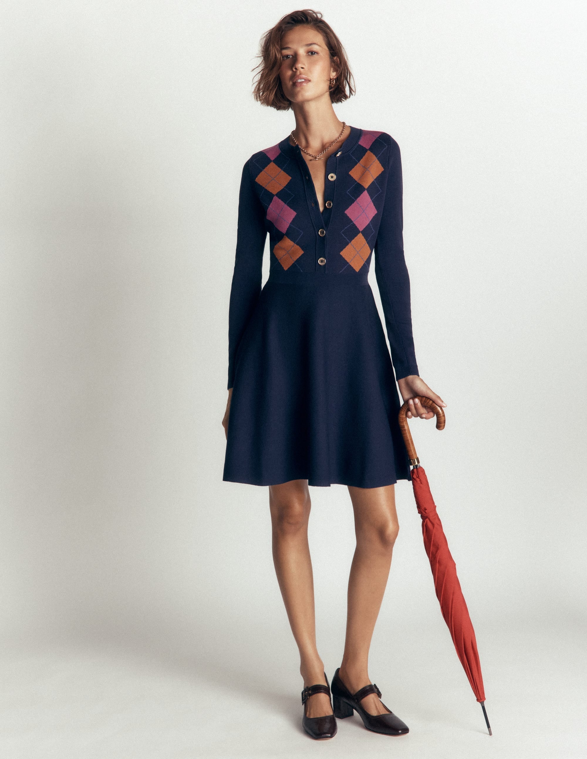 Crew Neck Jacquard Dress-Navy Jacquard