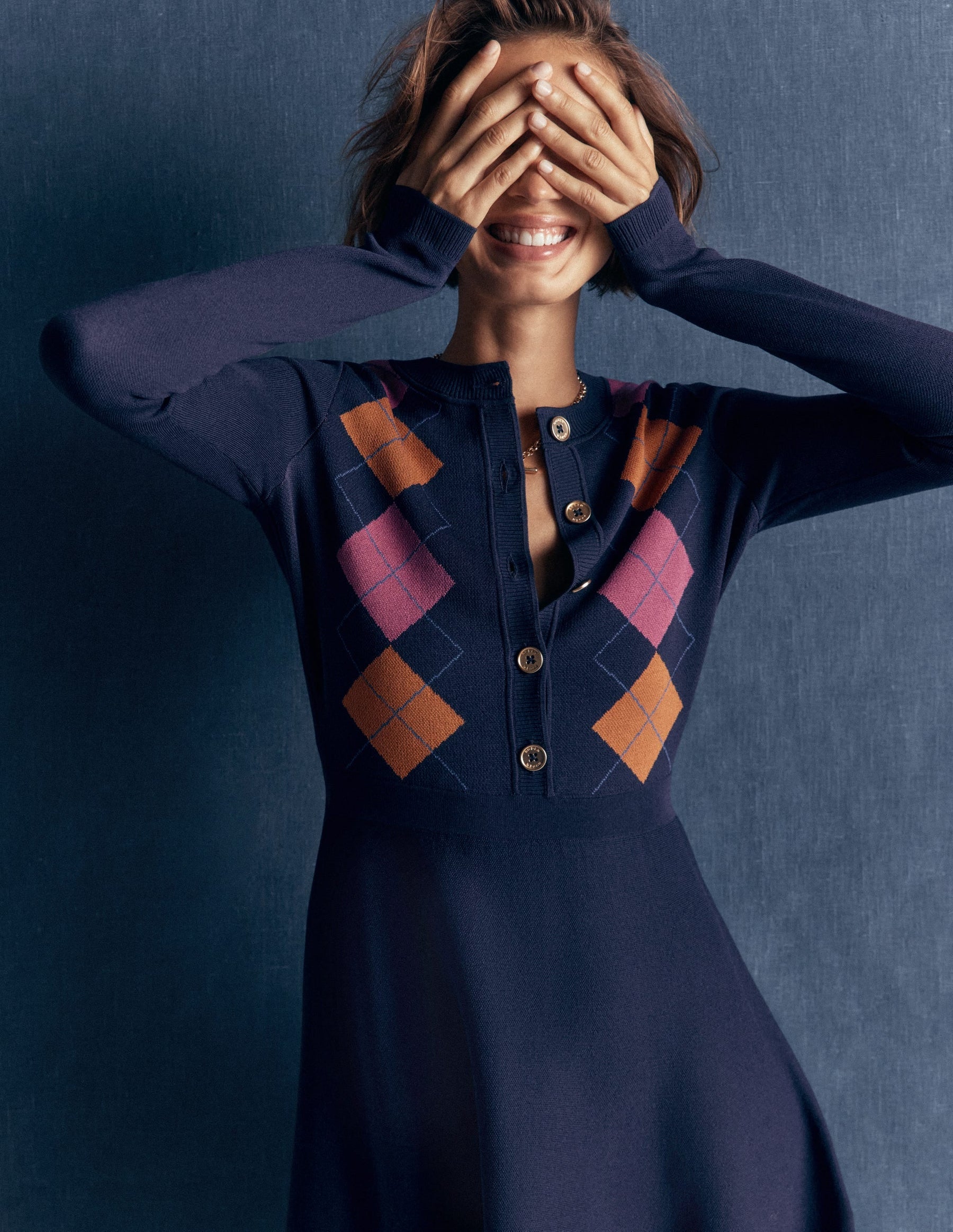 Crew Neck Jacquard Dress-Navy Jacquard