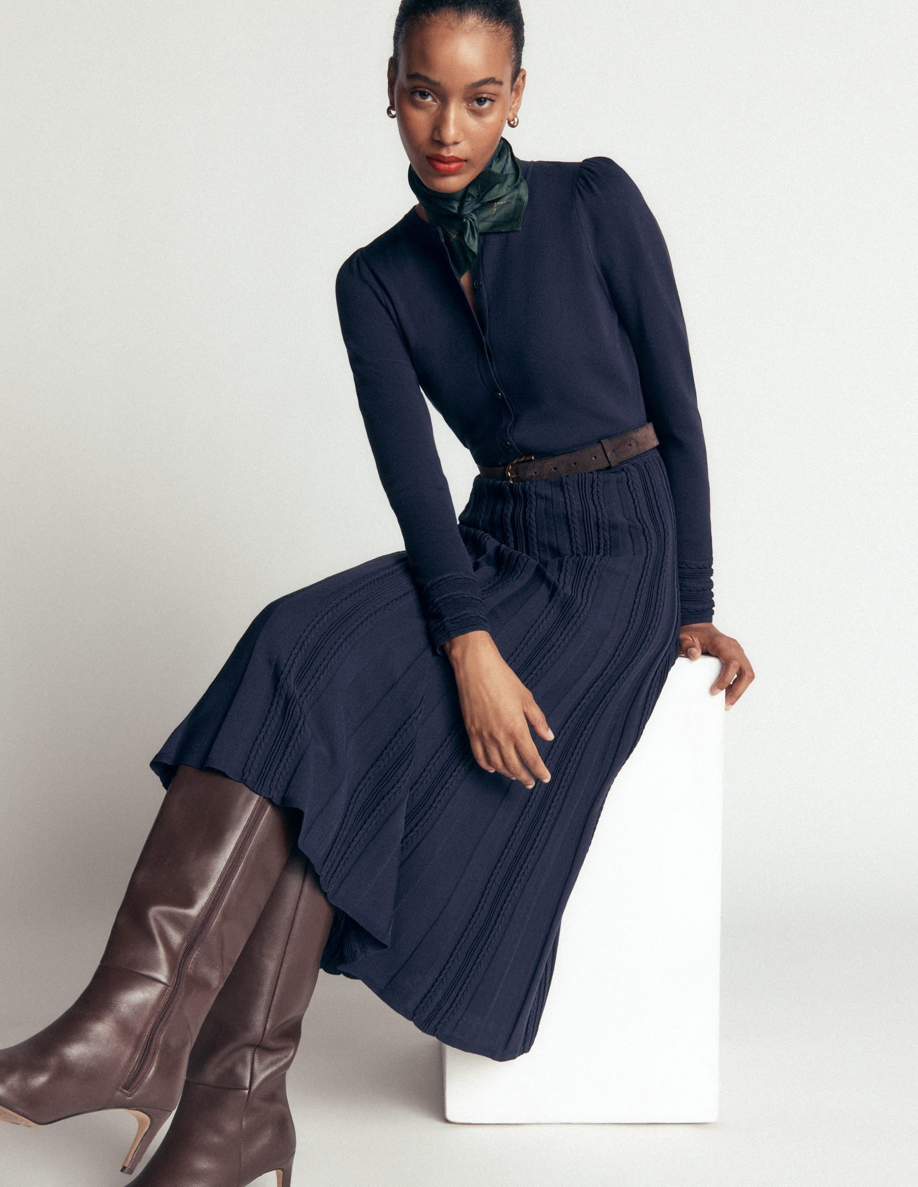 Cable Stitch Knitted Dress-Navy