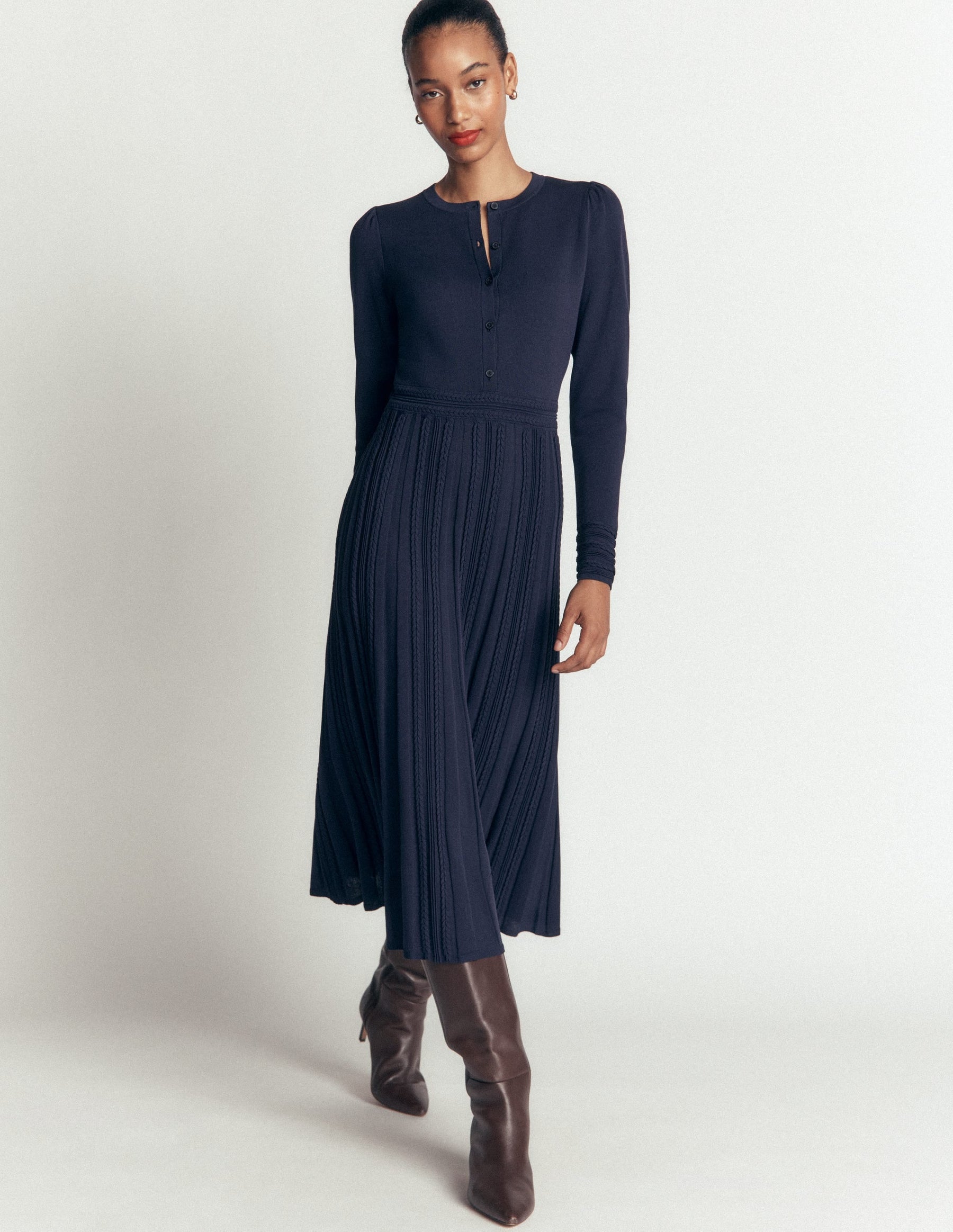 Cable Stitch Knitted Dress-Navy