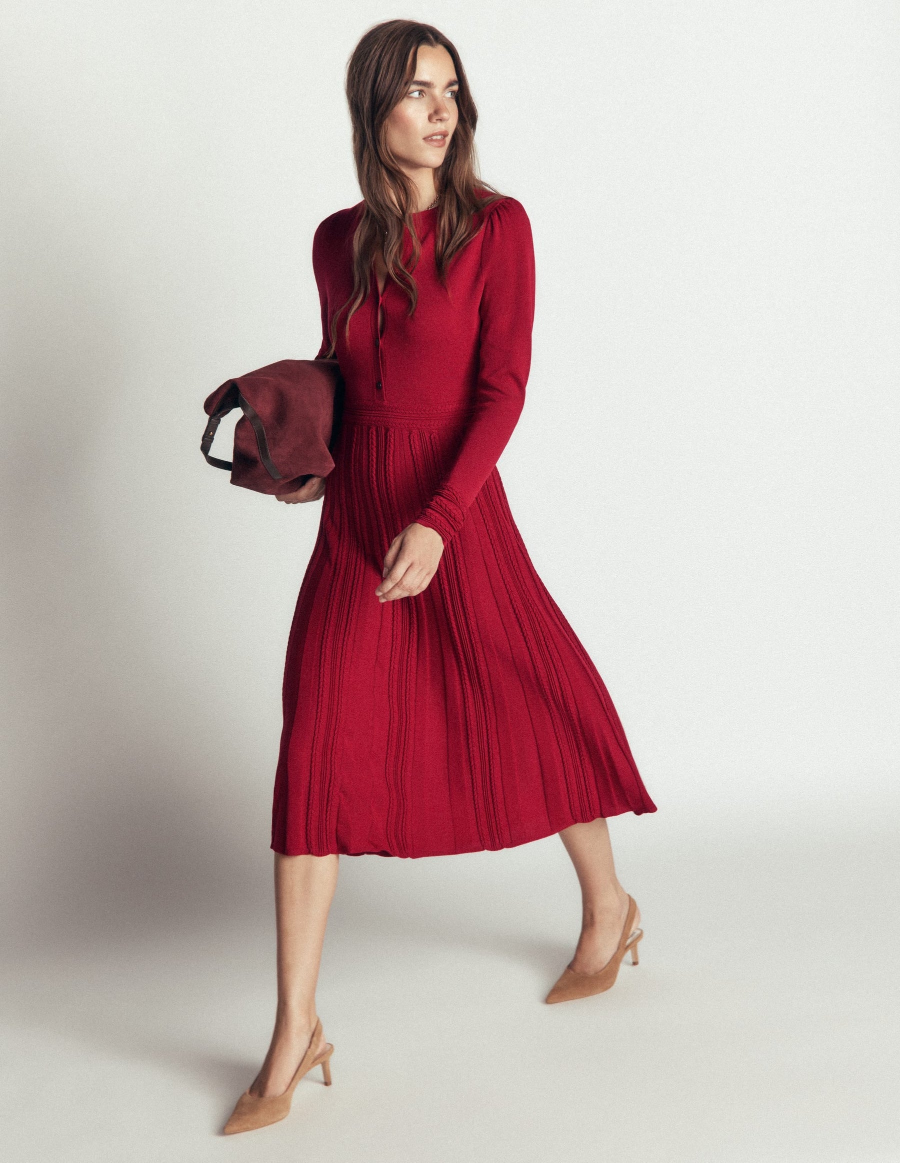 Cable Stitch Knitted Dress-Crimson Red
