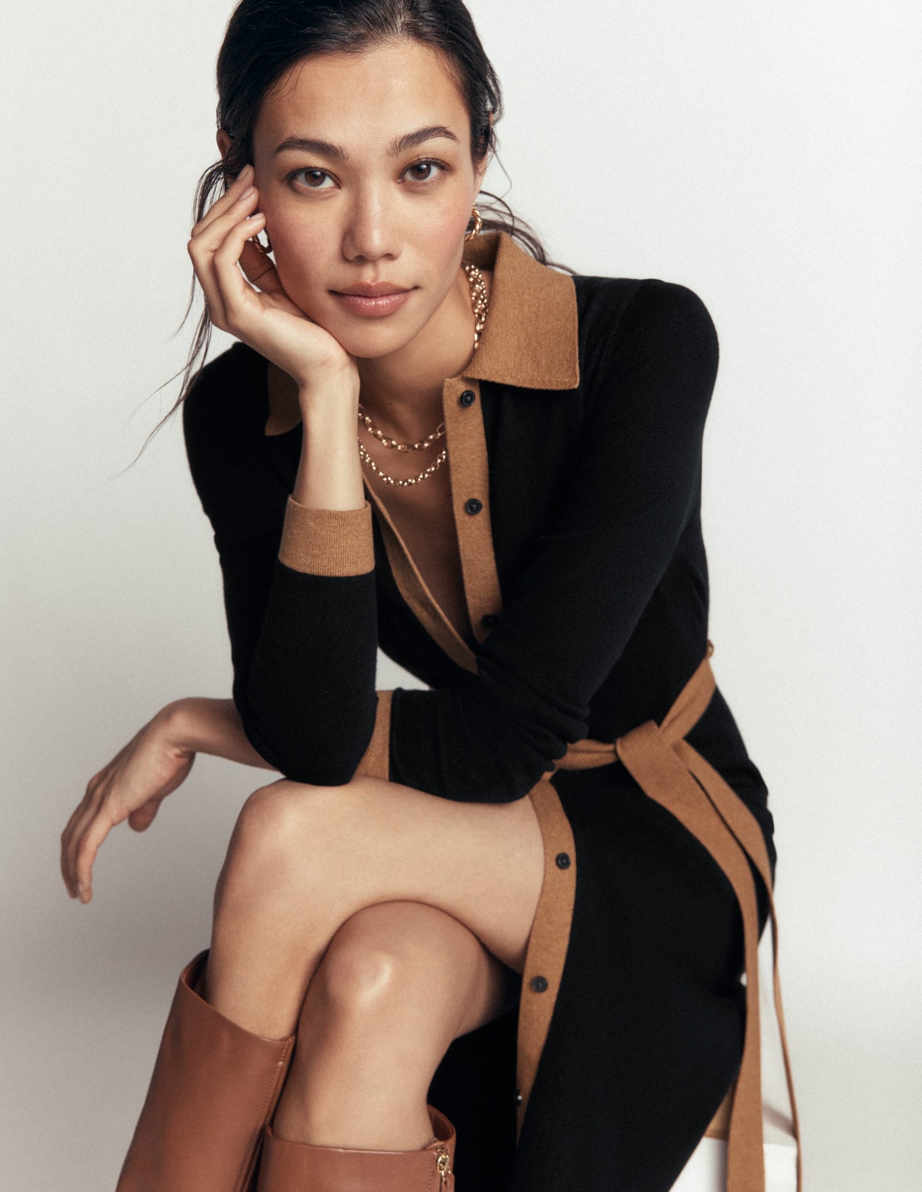 Jessica Knitted Shirt Dress-Black and Fall leaf