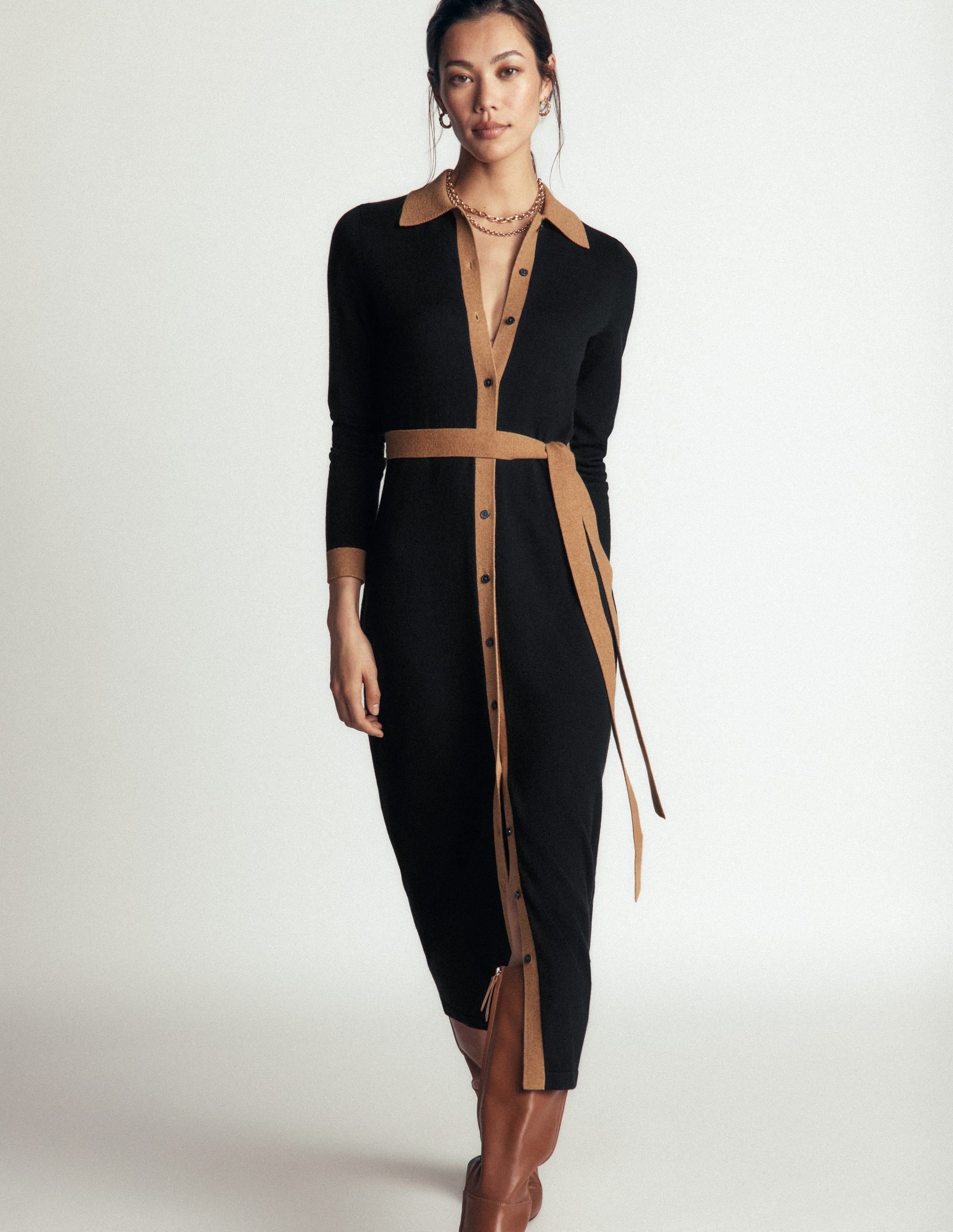 Jessica Knitted Shirt Dress-Black and Fall leaf