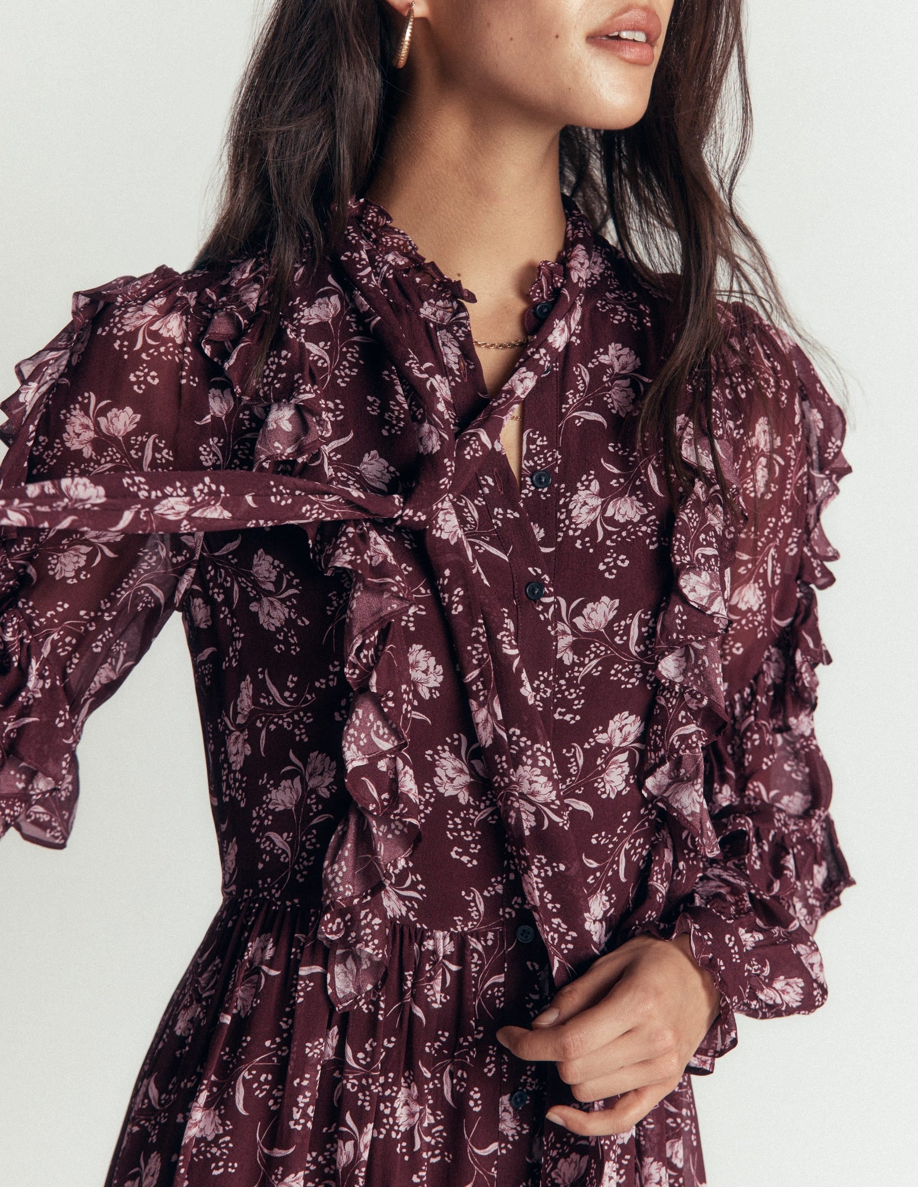 Ruffle Tie Neck Dress-Brown, Enchanted Sprigs