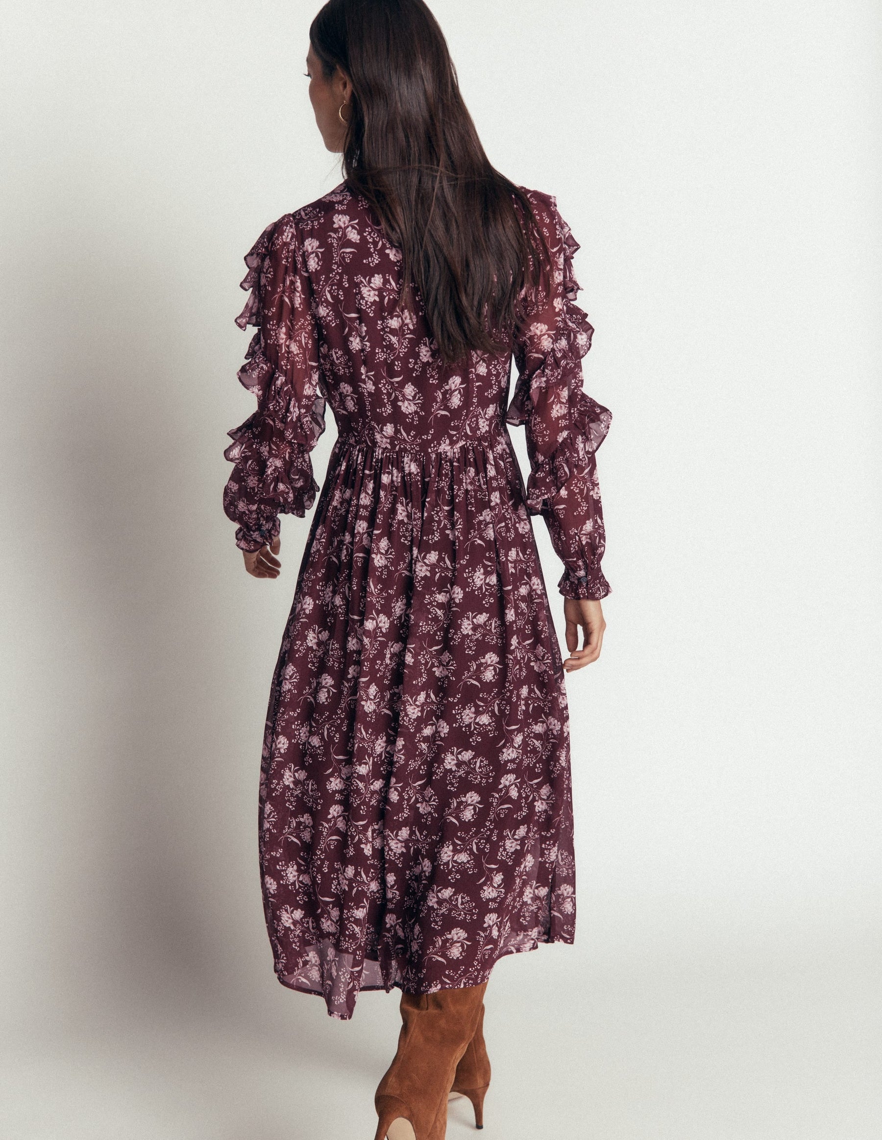 Ruffle Tie Neck Dress-Brown, Enchanted Sprigs