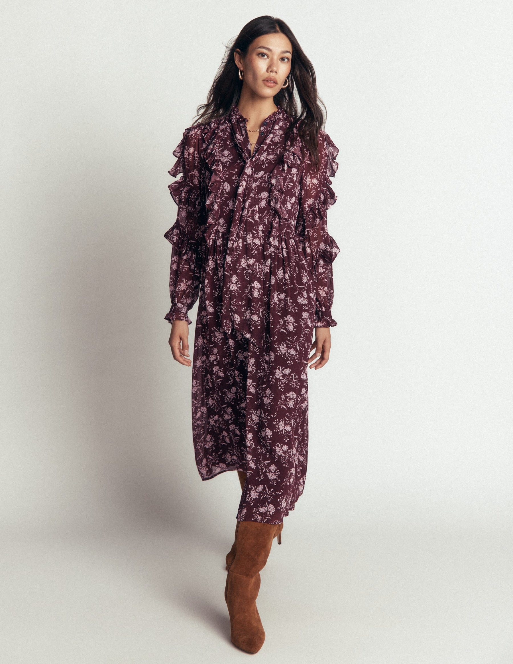 Ruffle Tie Neck Dress-Brown, Enchanted Sprigs