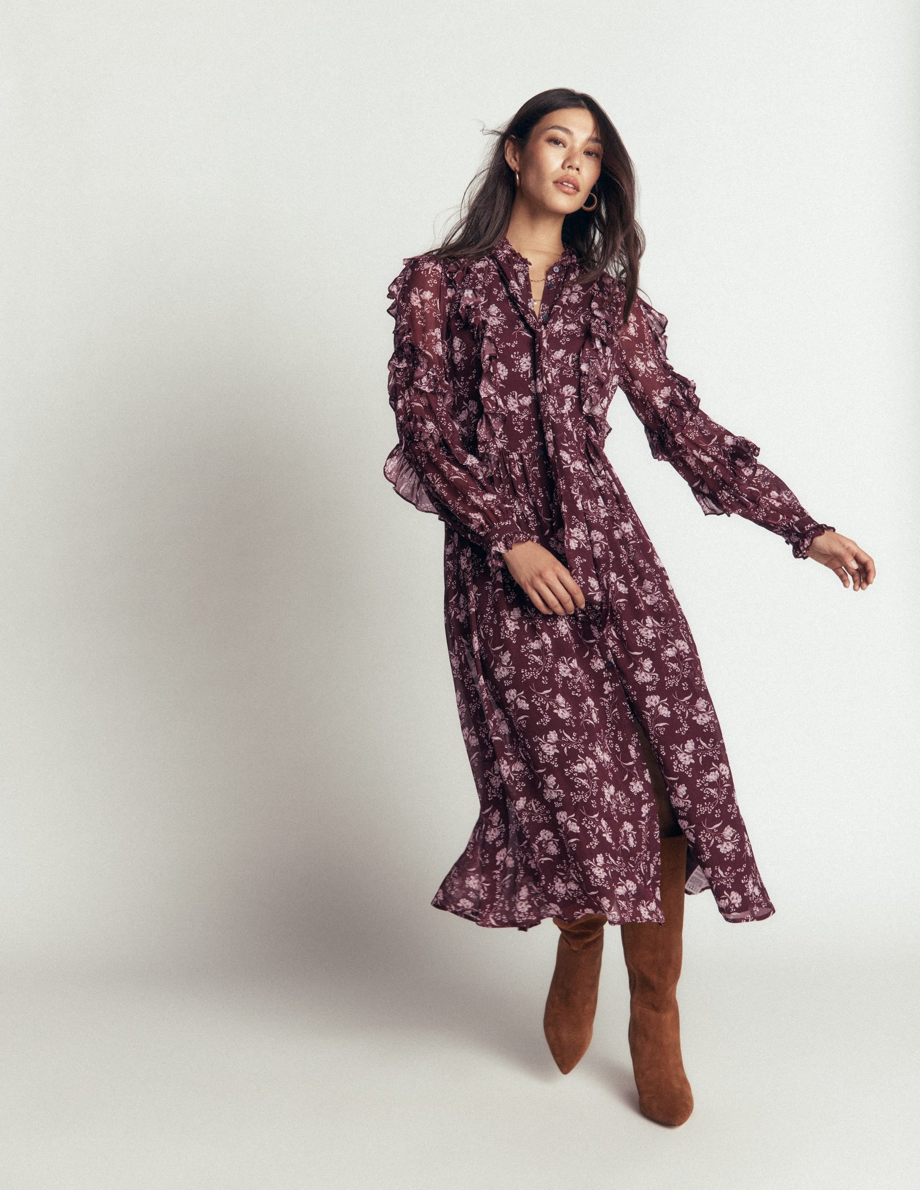 Ruffle Tie Neck Dress-Brown, Enchanted Sprigs