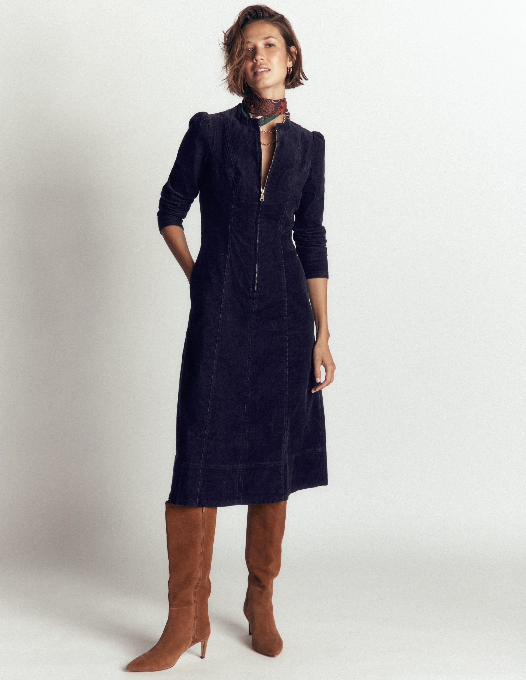 Una Cord Midi Dress-Navy