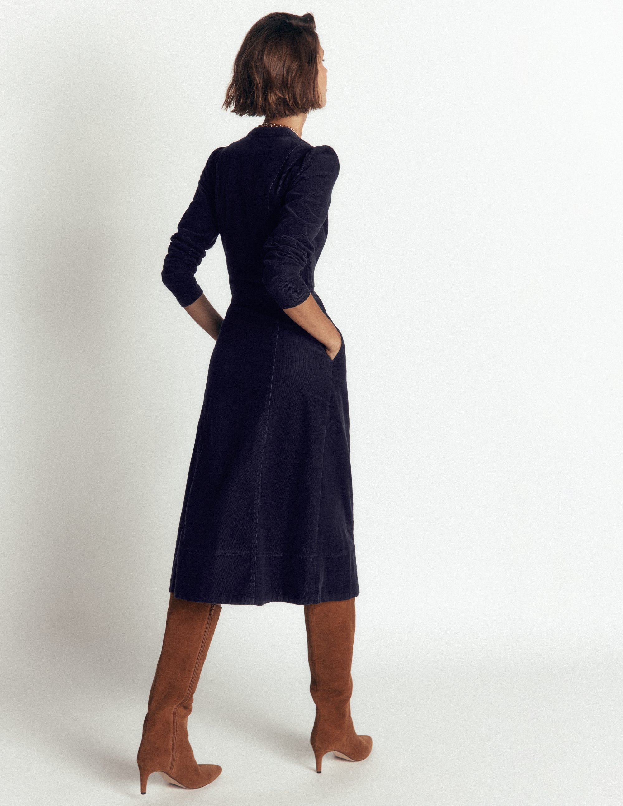 Una Cord Midi Dress-Navy