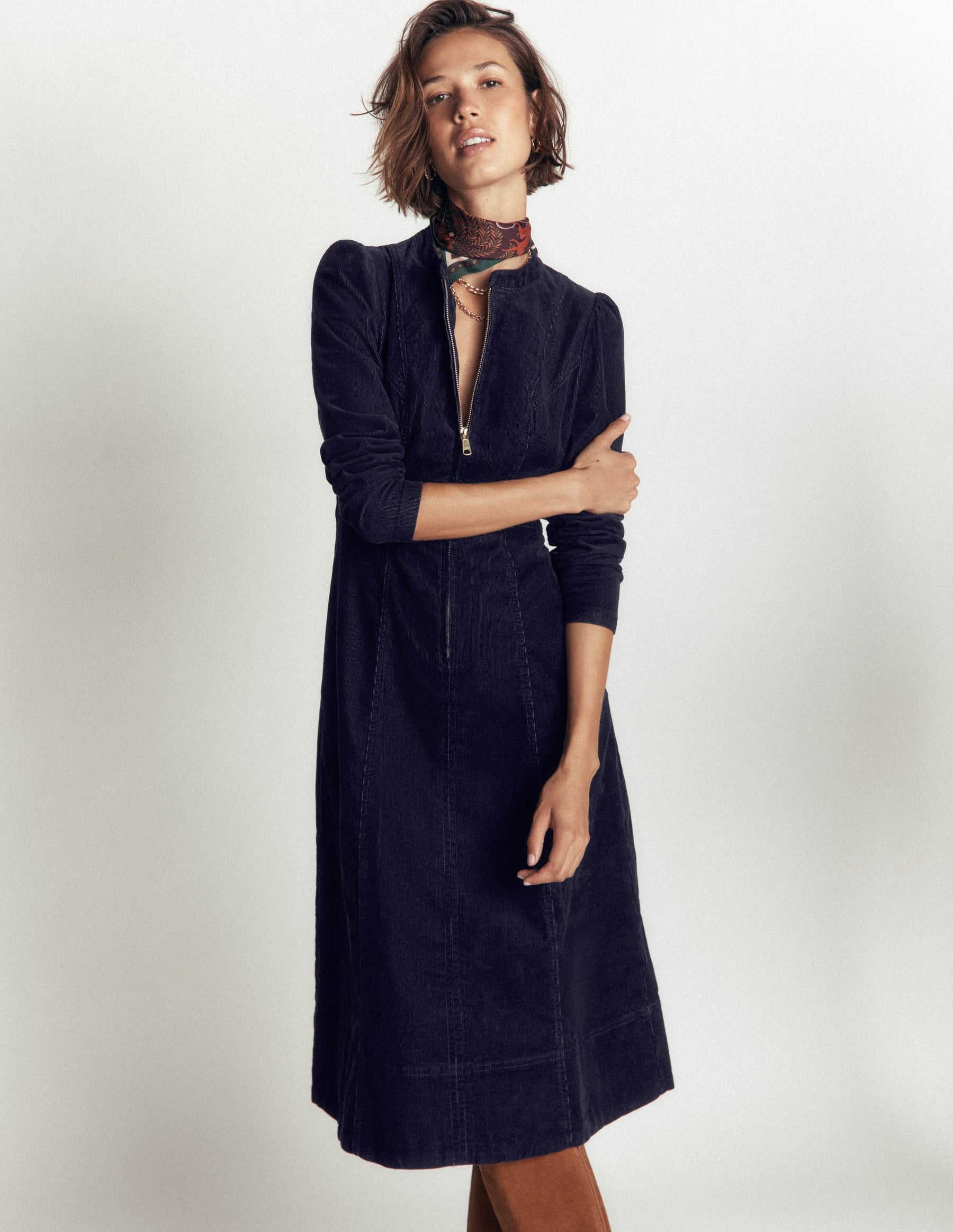 Una Cord Midi Dress-Navy