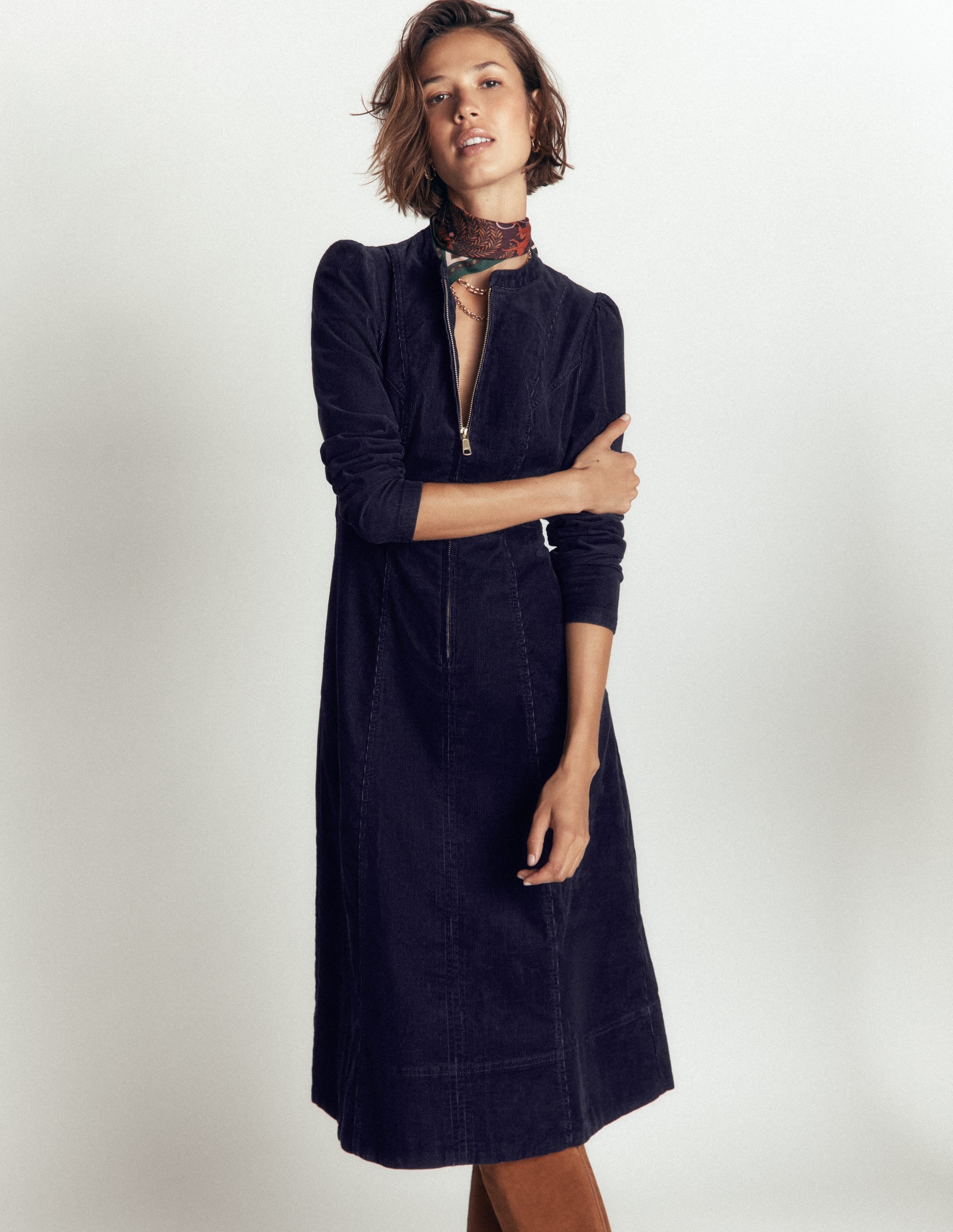 Una Cord Midi Dress-Navy
