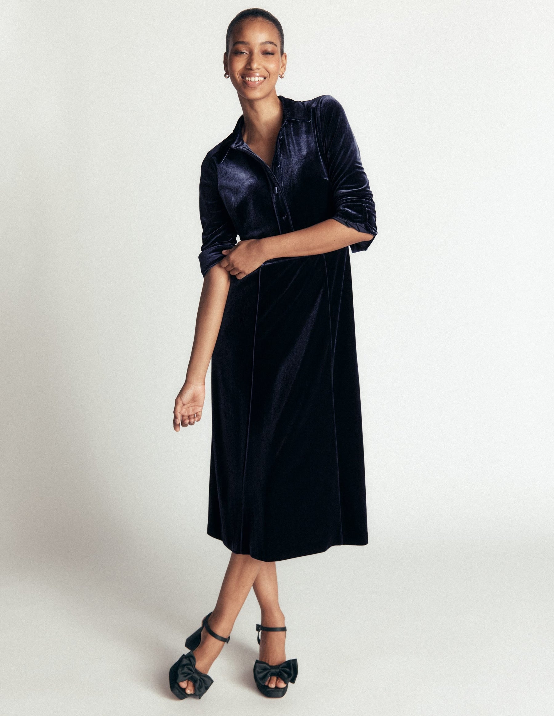 Etta Piping Velvet Dress-Navy