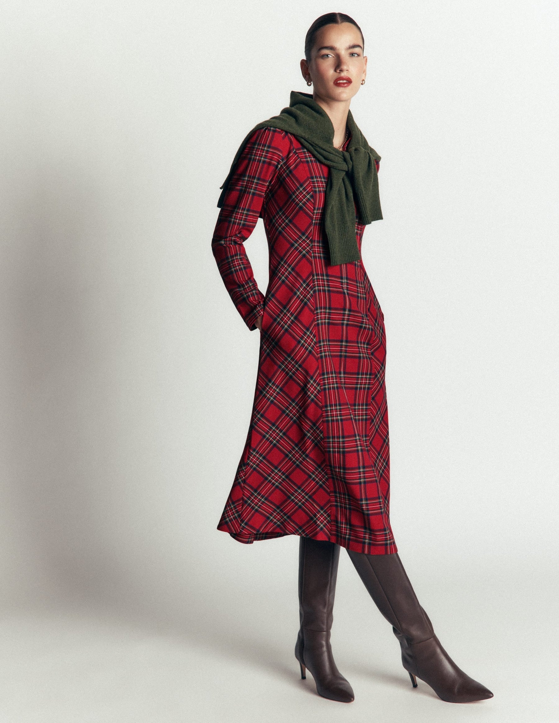 Una Collared Check Midi Dress-Red, Blue and Green Check