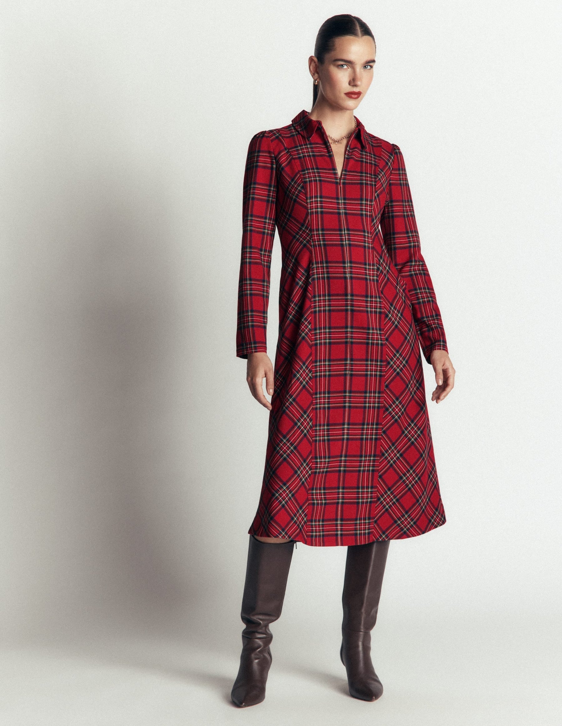 Una Collared Check Midi Dress-Red, Blue and Green Check