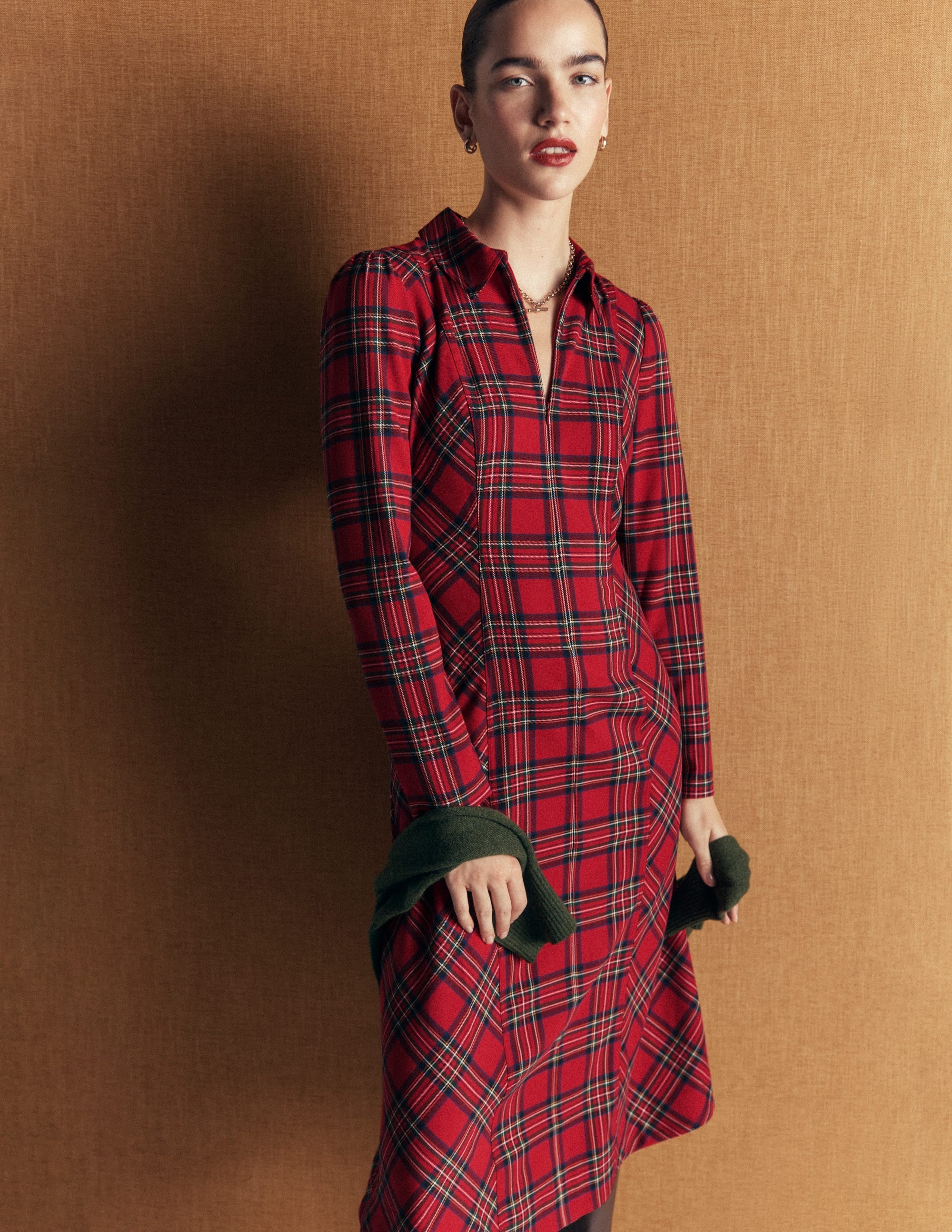 Una Collared Check Midi Dress-Red, Blue and Green Check