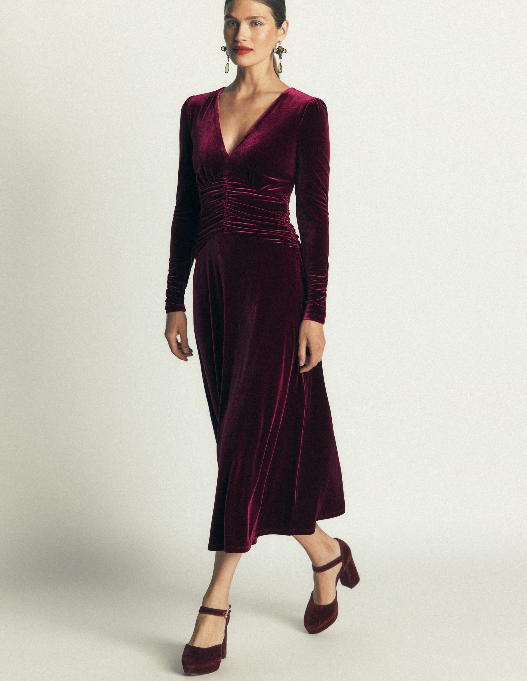 Mya Ruched Velvet Midi Dress-Beetroot Red