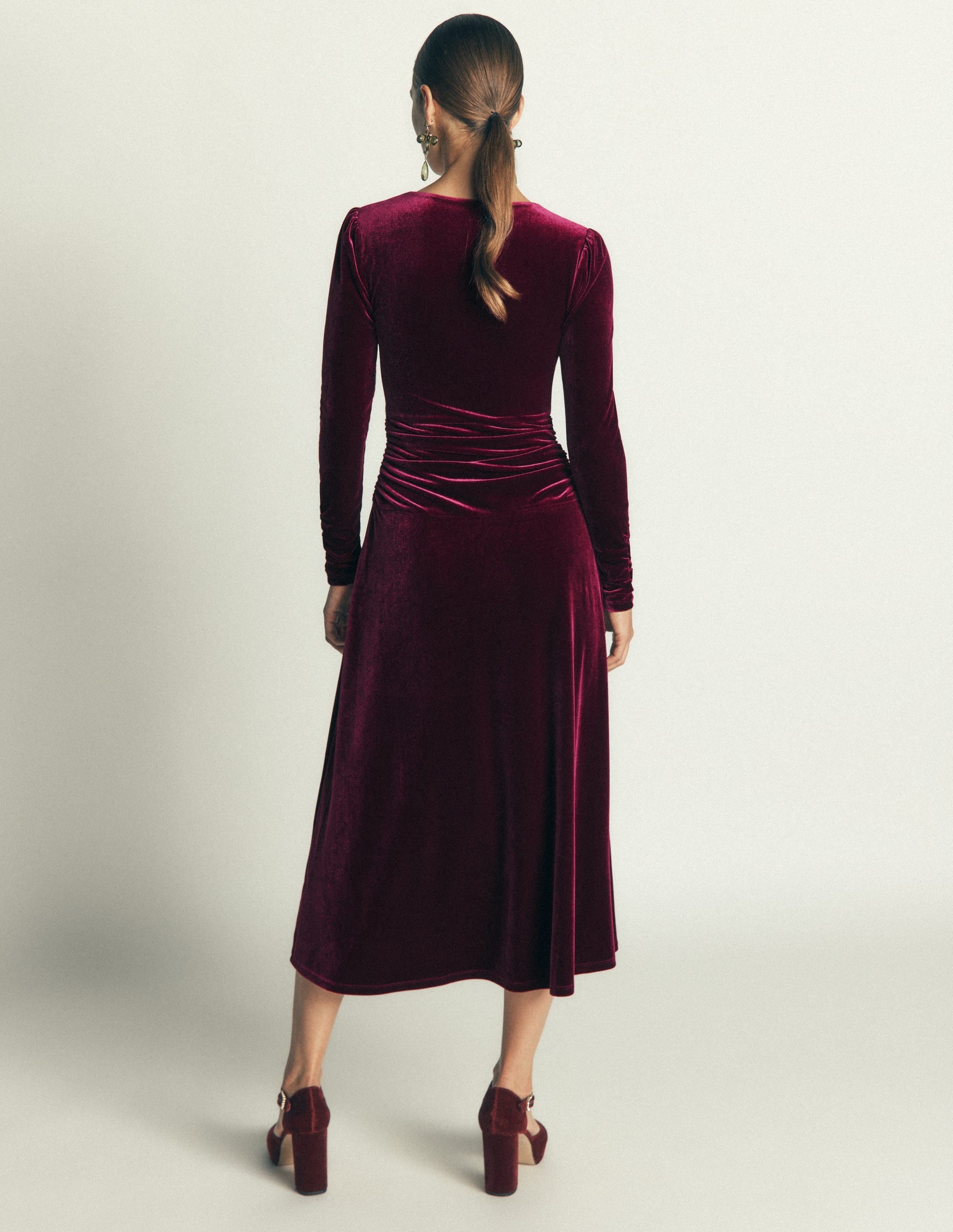 Mya Ruched Velvet Midi Dress-Beetroot Red