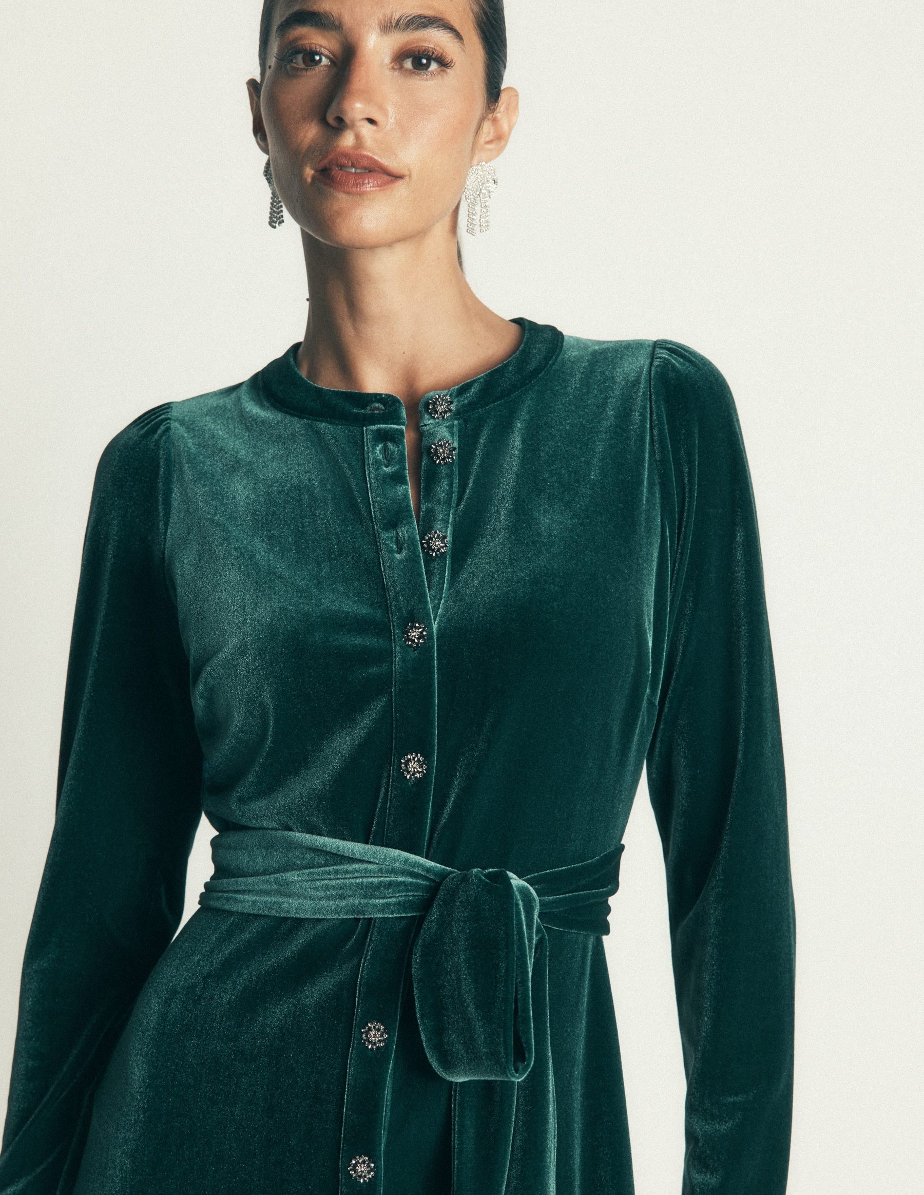 Honor Column Velvet Midi Dress-Emerald Night