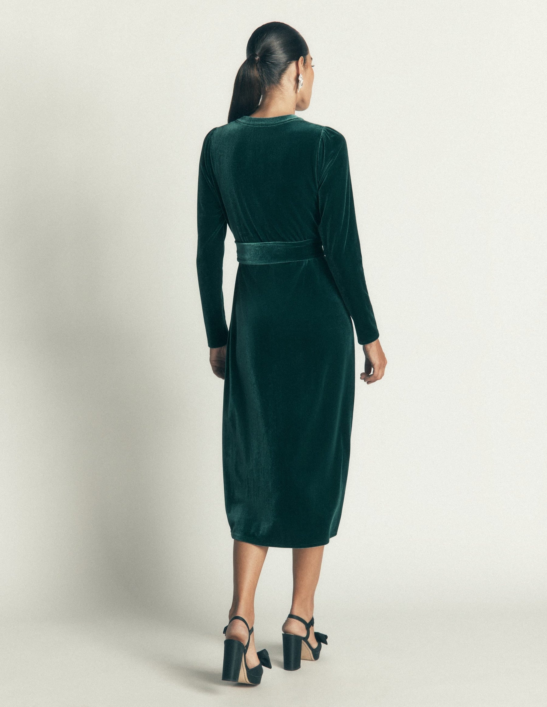 Honor Column Velvet Midi Dress-Emerald Night