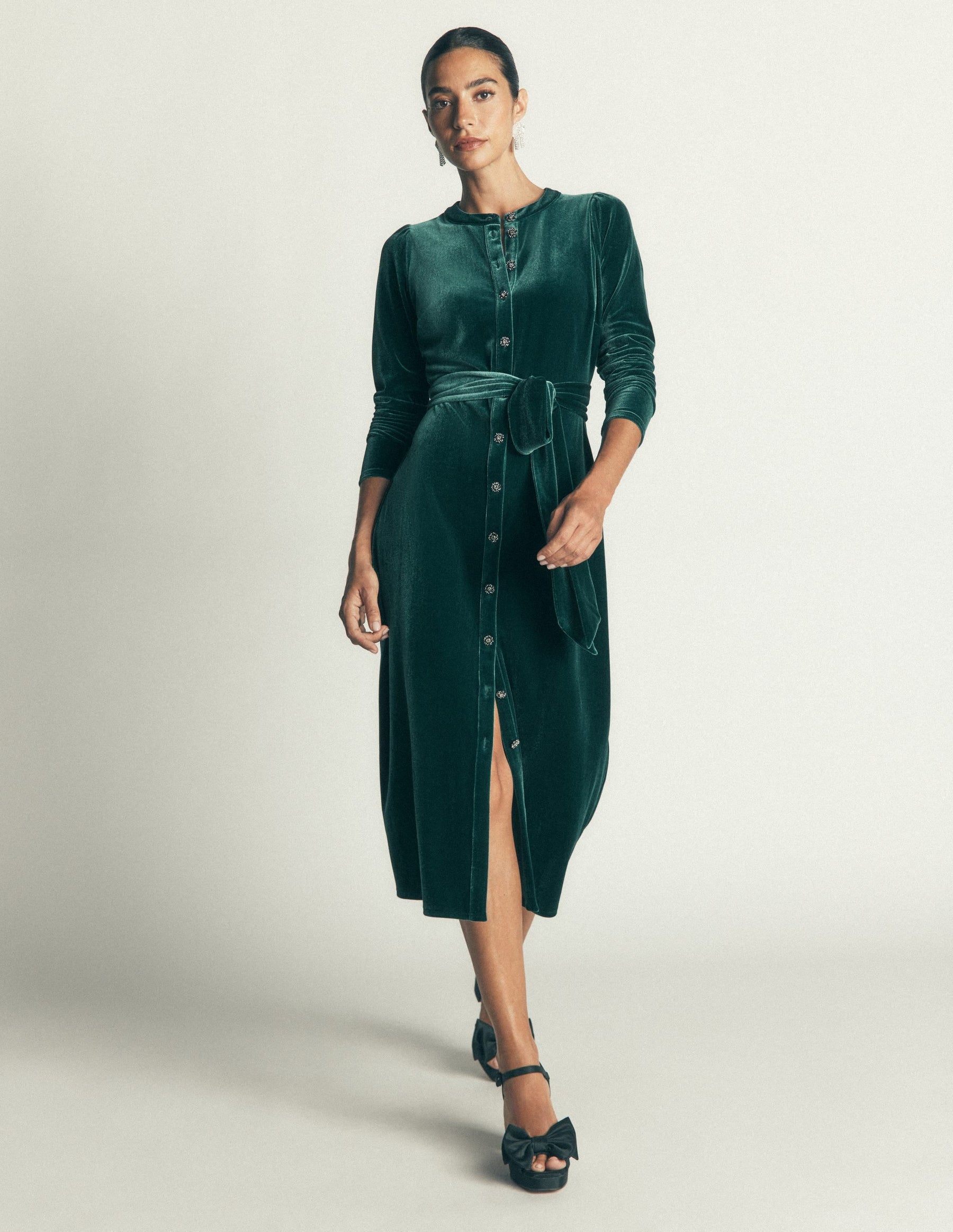 Honor Column Velvet Midi Dress-Emerald Night