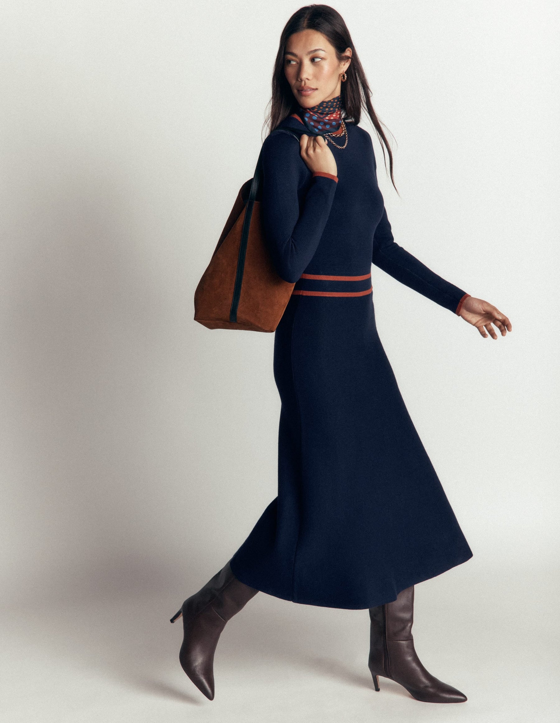 Contrast Tipped Knitted Dress-Navy