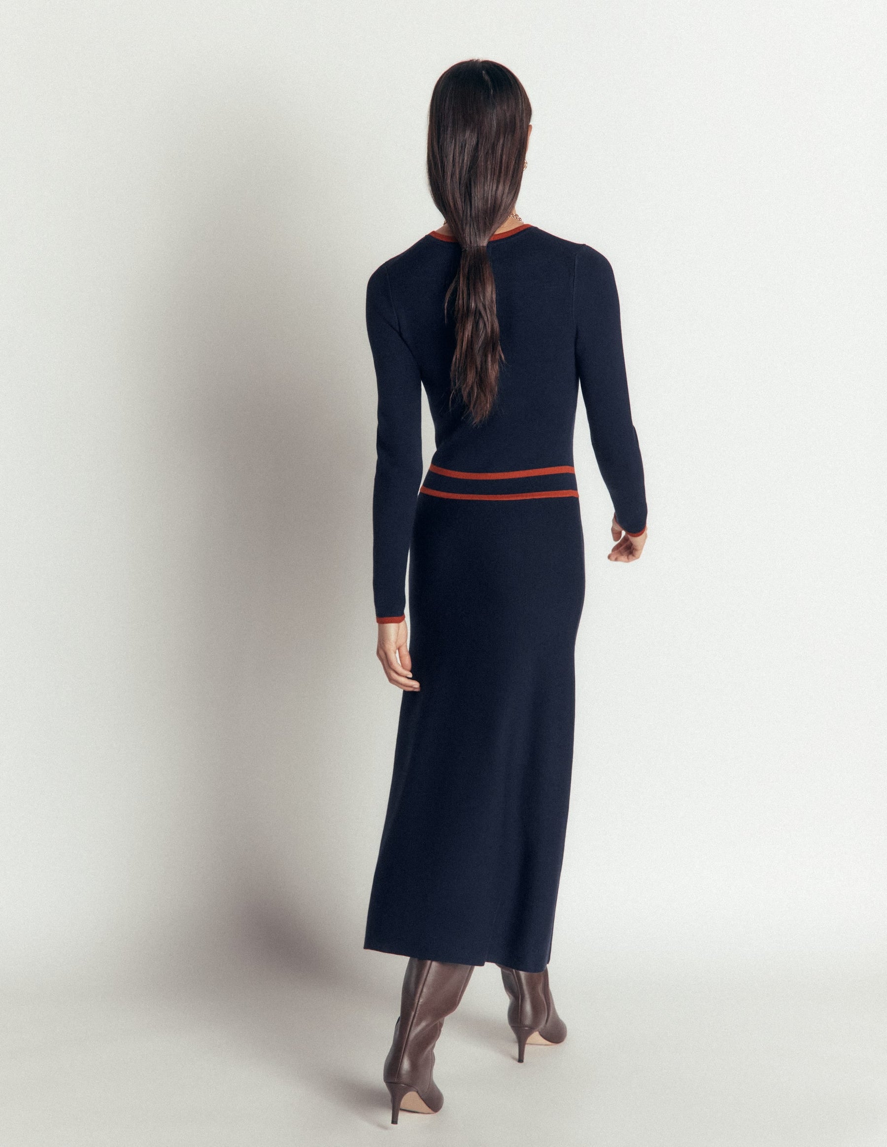 Contrast Tipped Knitted Dress-Navy