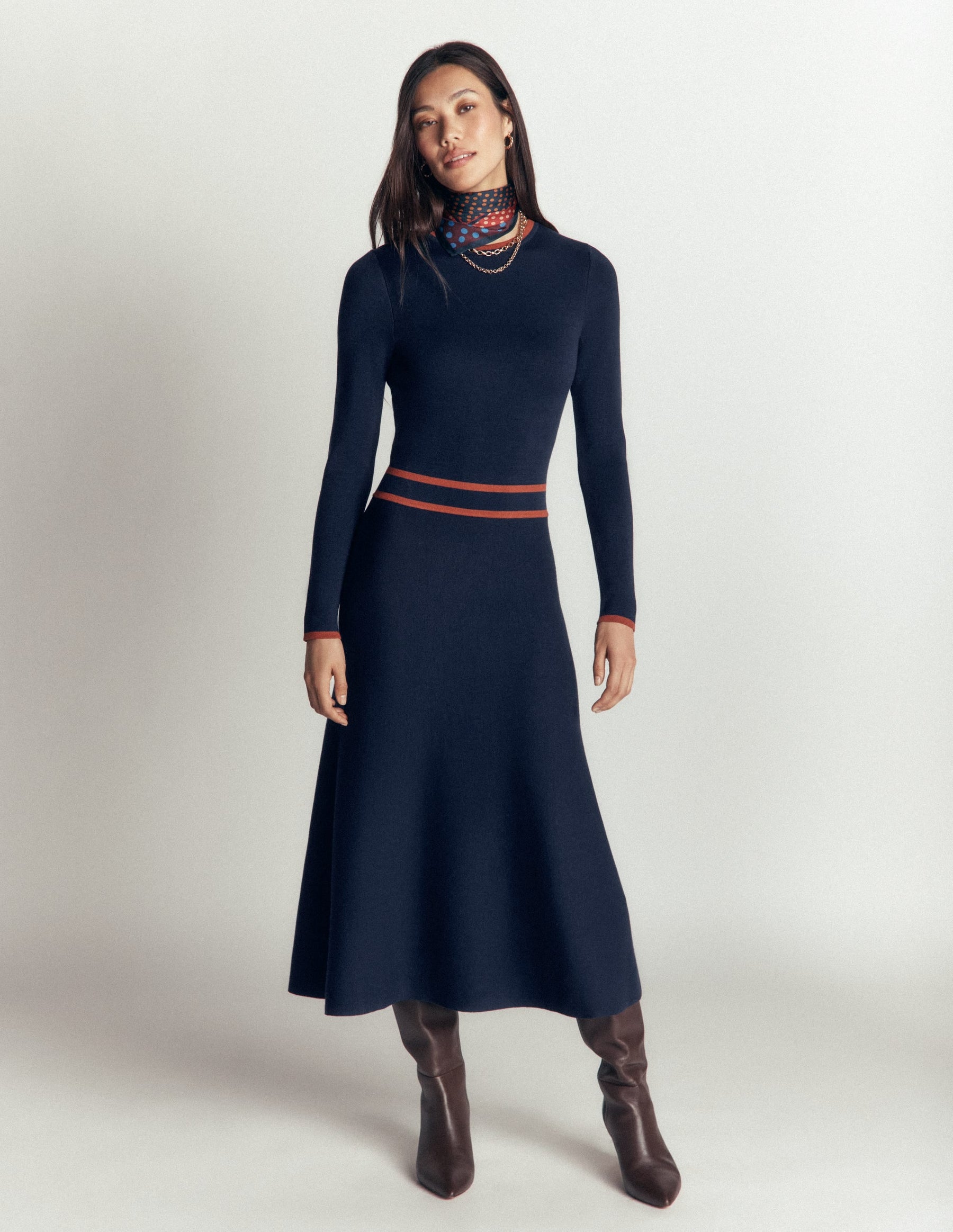 Contrast Tipped Knitted Dress-Navy