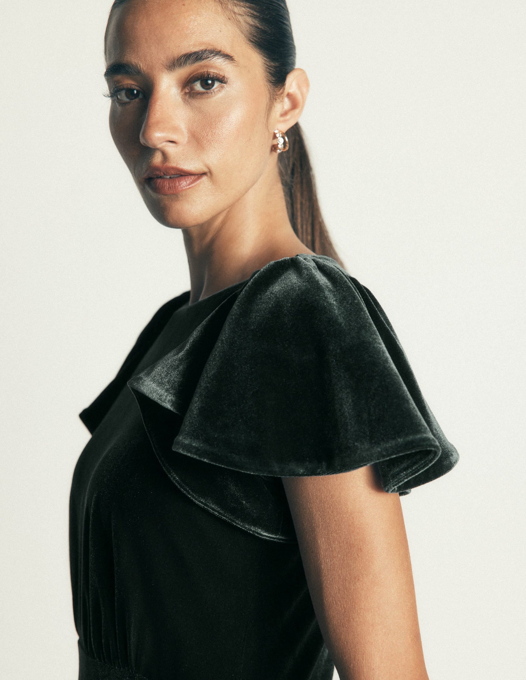 Draped Sleeve Velvet Dress-Scarab