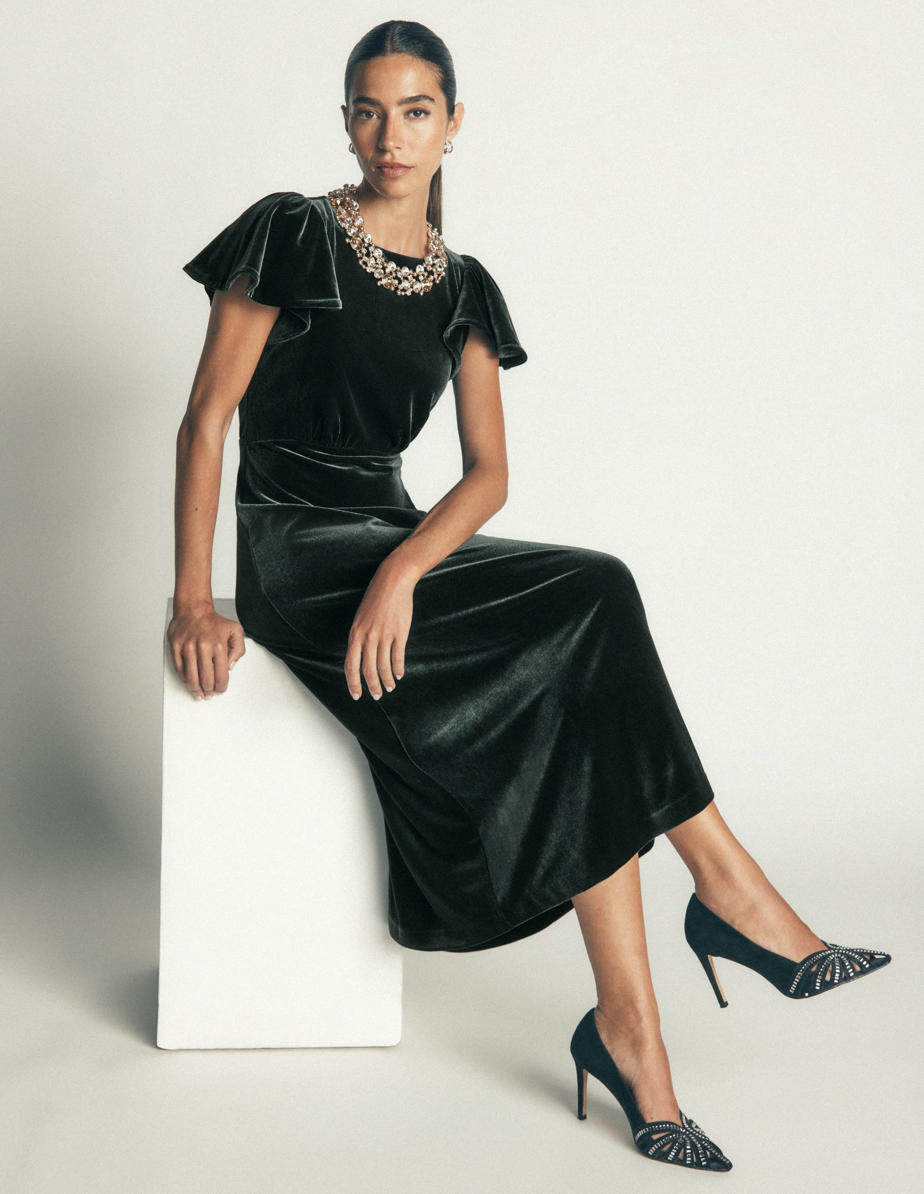 Draped Sleeve Velvet Dress-Scarab