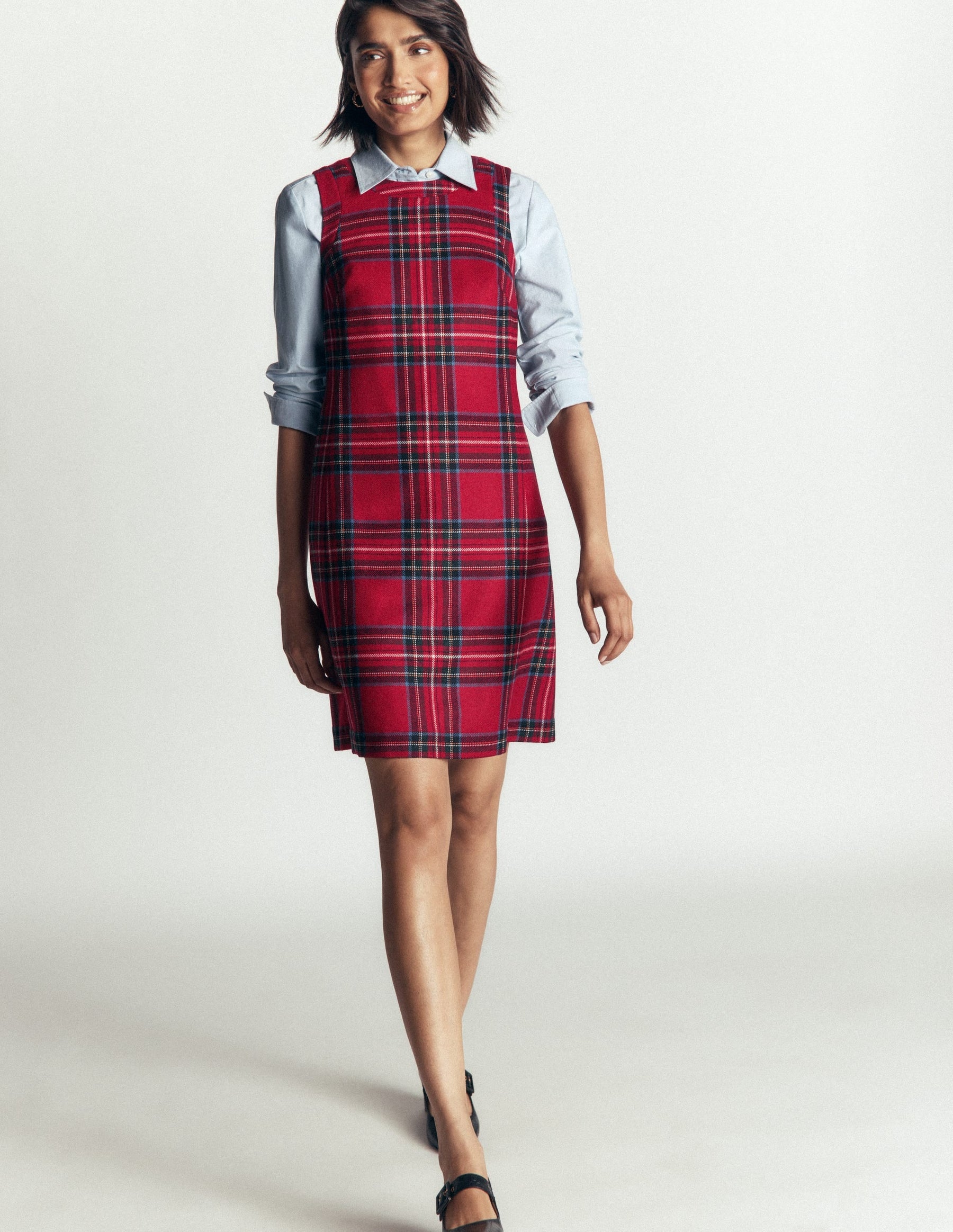 Lou Wool Check Shift Dress-Red, Blue and Green Check