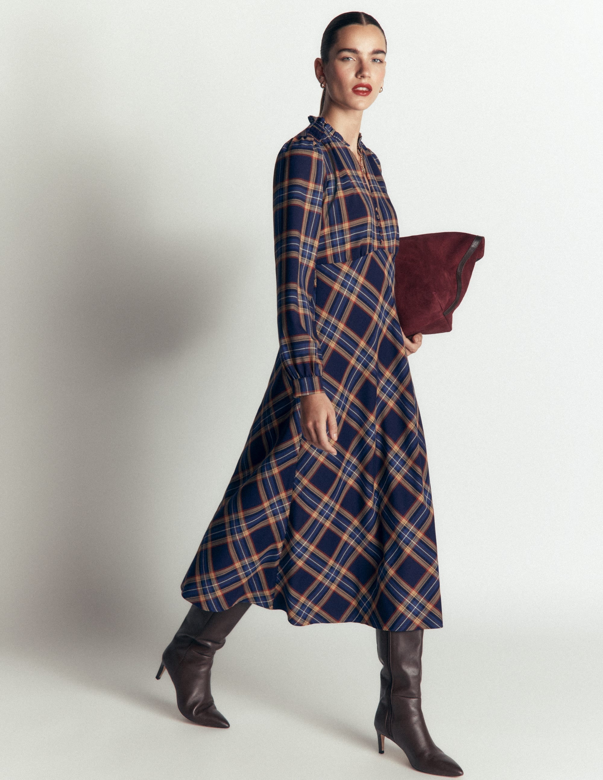 Cassie Checked Tea Dress-Navy and Camel Check
