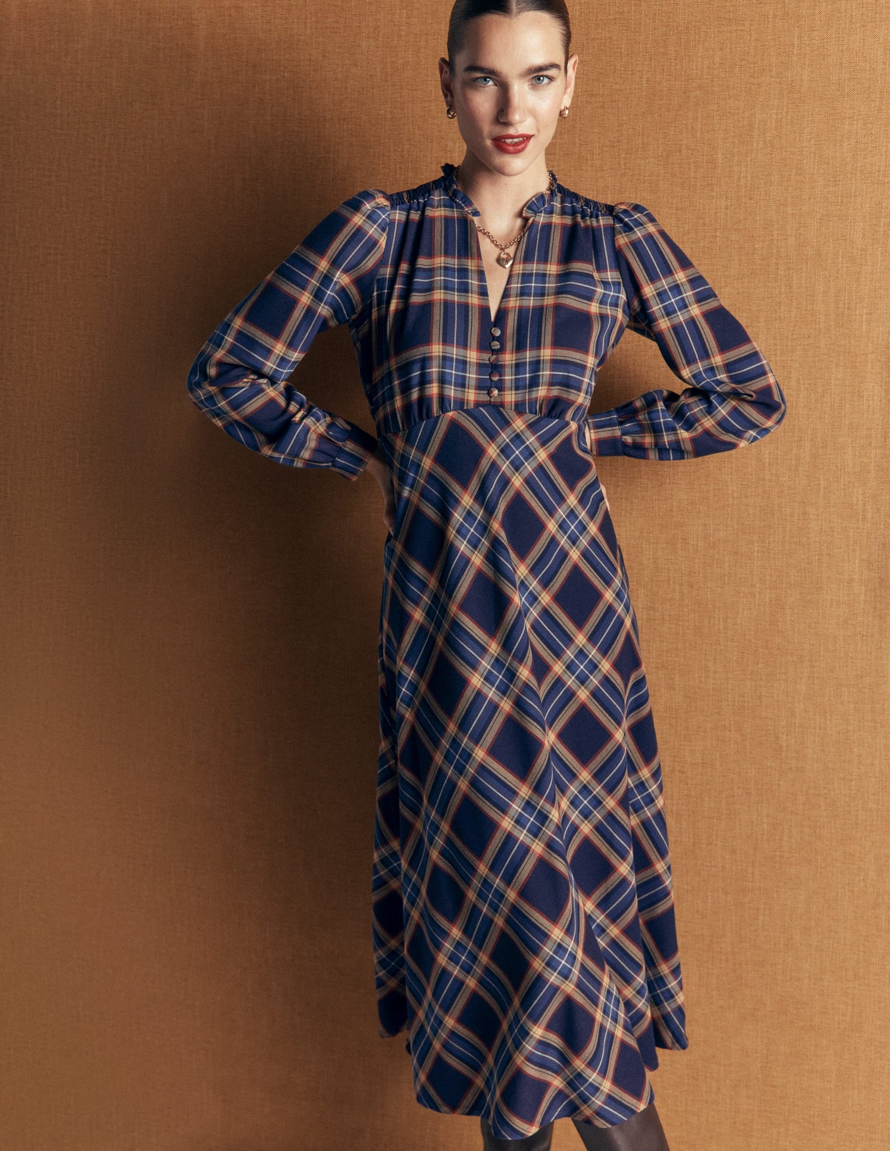Cassie Checked Tea Dress-Navy and Camel Check