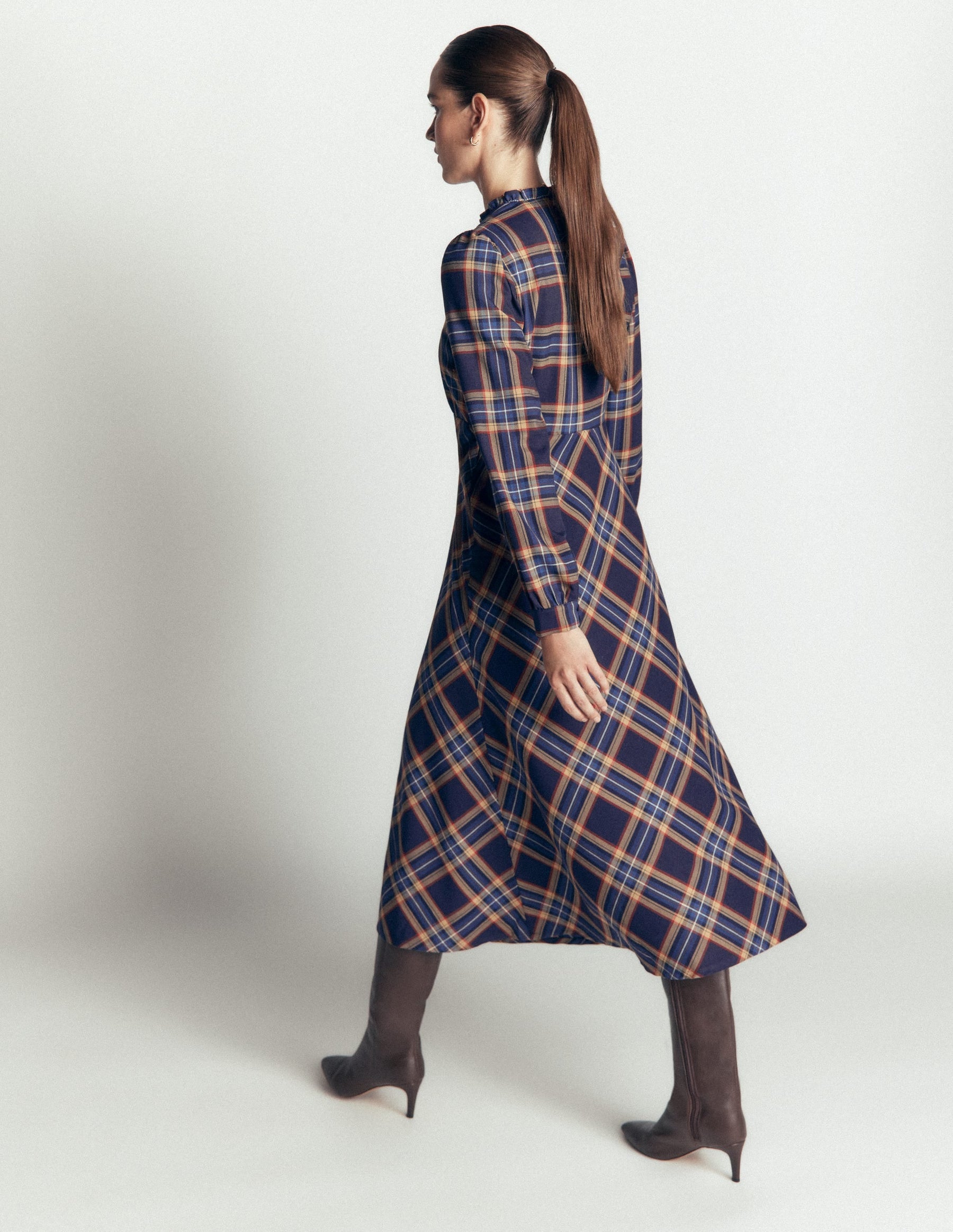 Cassie Checked Tea Dress-Navy and Camel Check