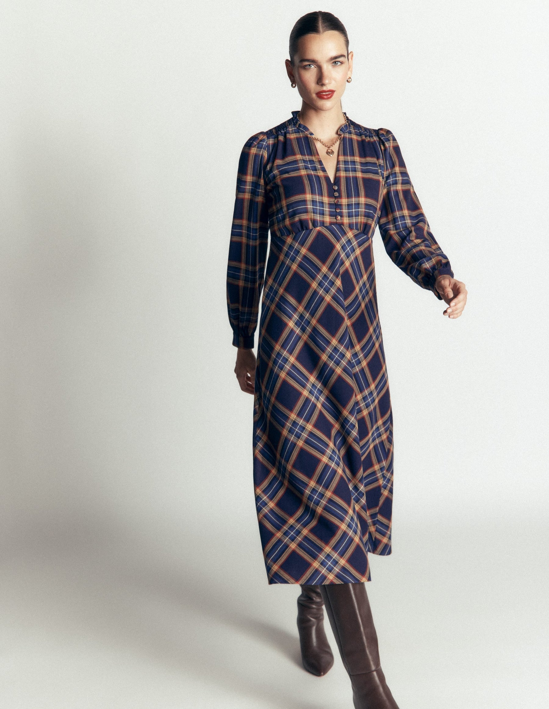 Cassie Checked Tea Dress-Navy and Camel Check