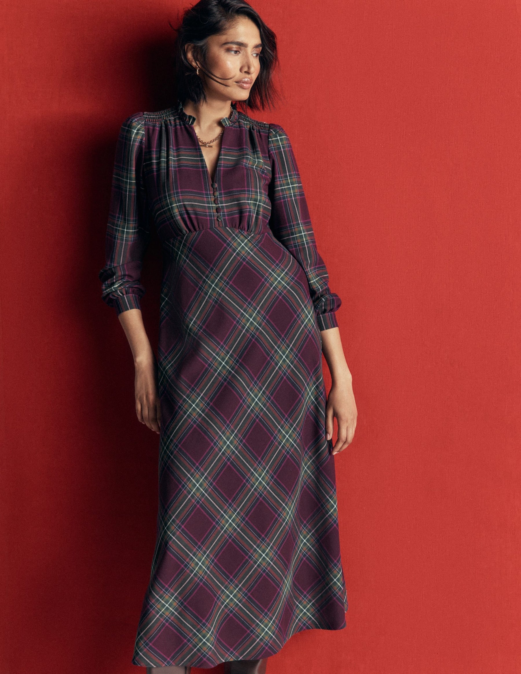 Cassie Checked Tea Dress-Maroon and Olive Check