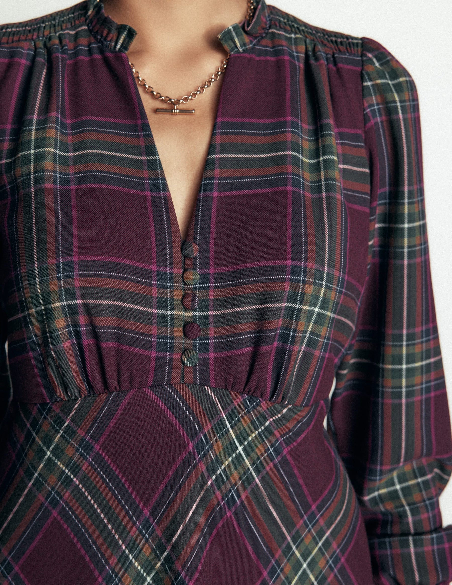 Cassie Checked Tea Dress-Maroon and Olive Check