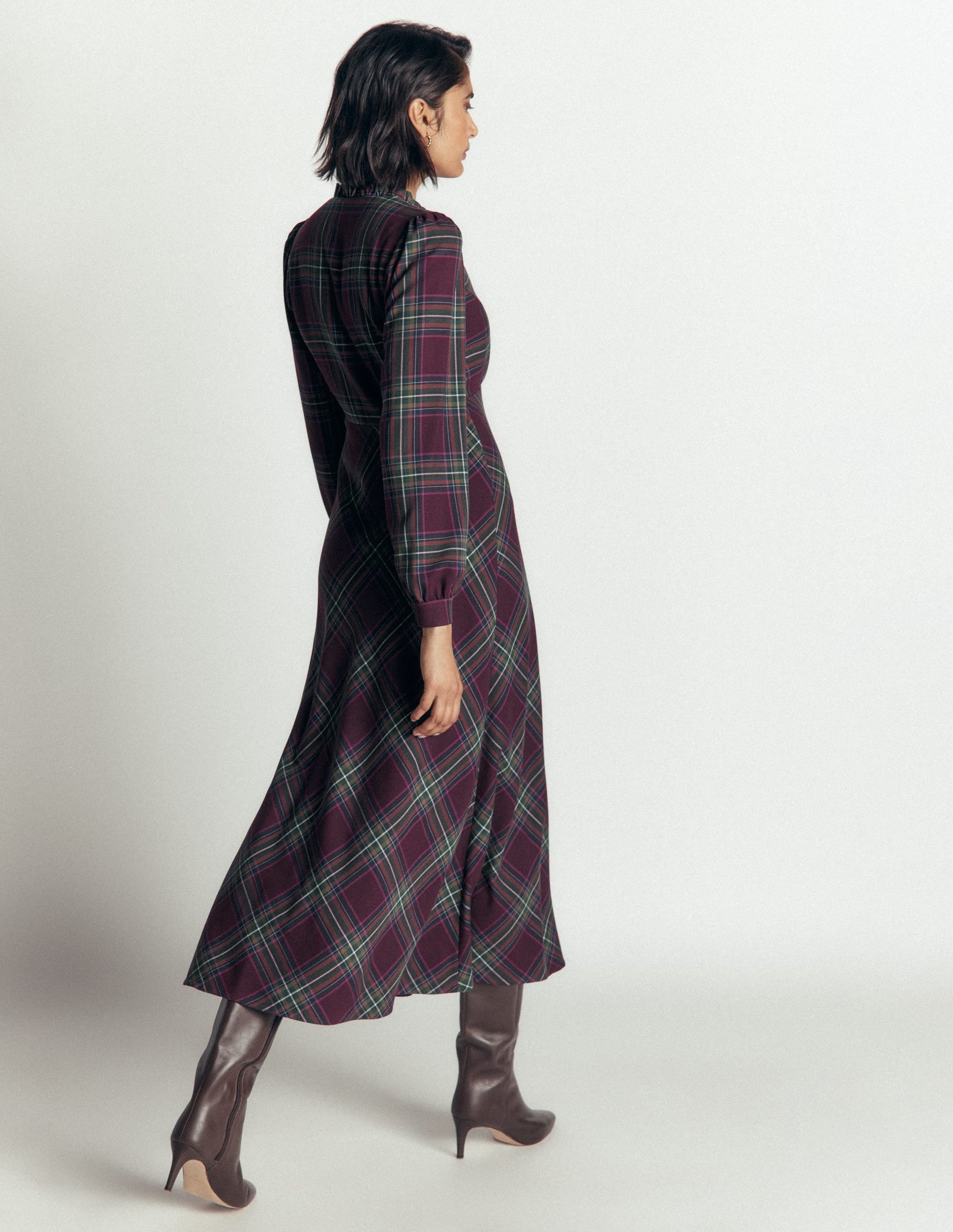 Cassie Checked Tea Dress-Maroon and Olive Check