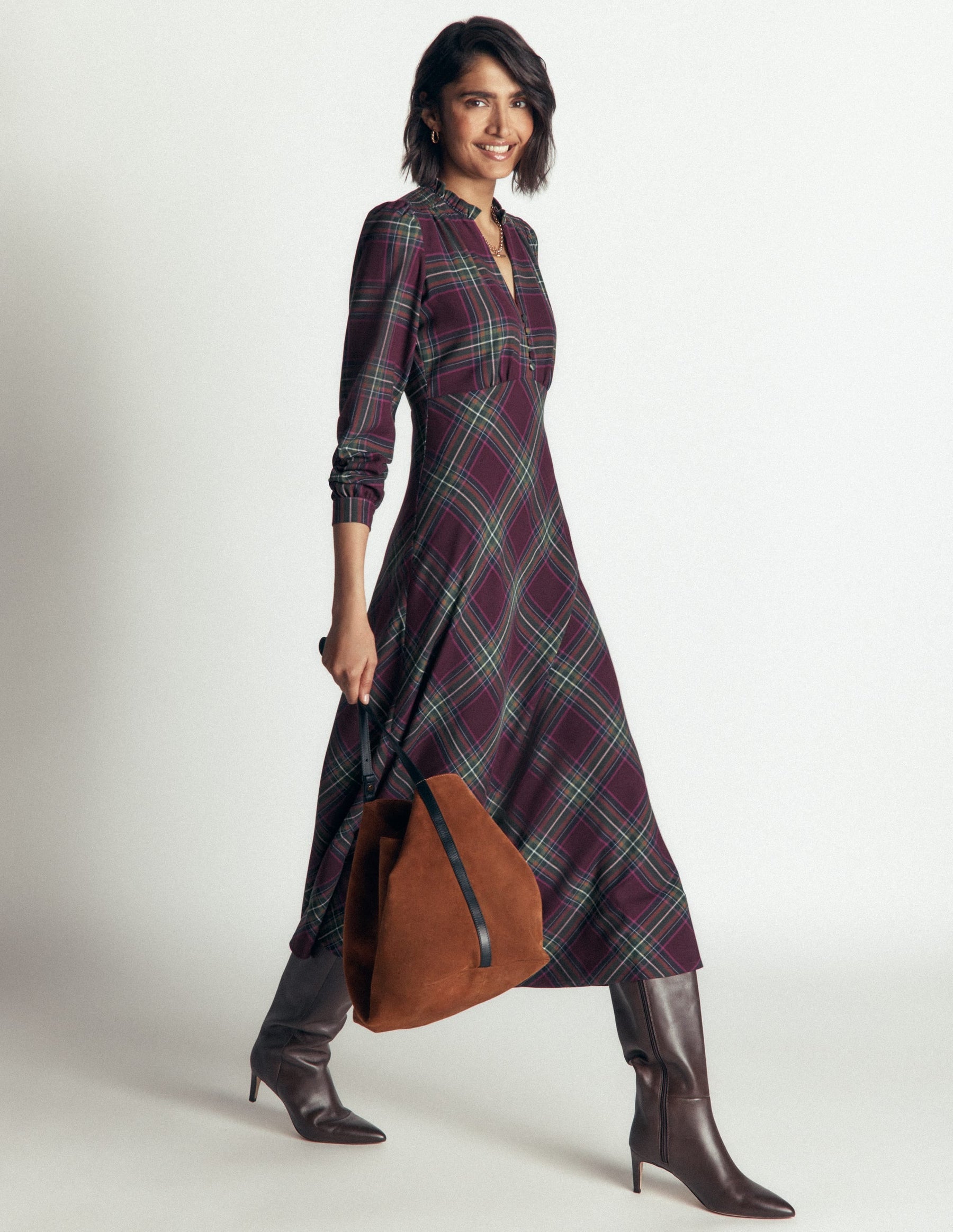 Cassie Checked Tea Dress-Maroon and Olive Check