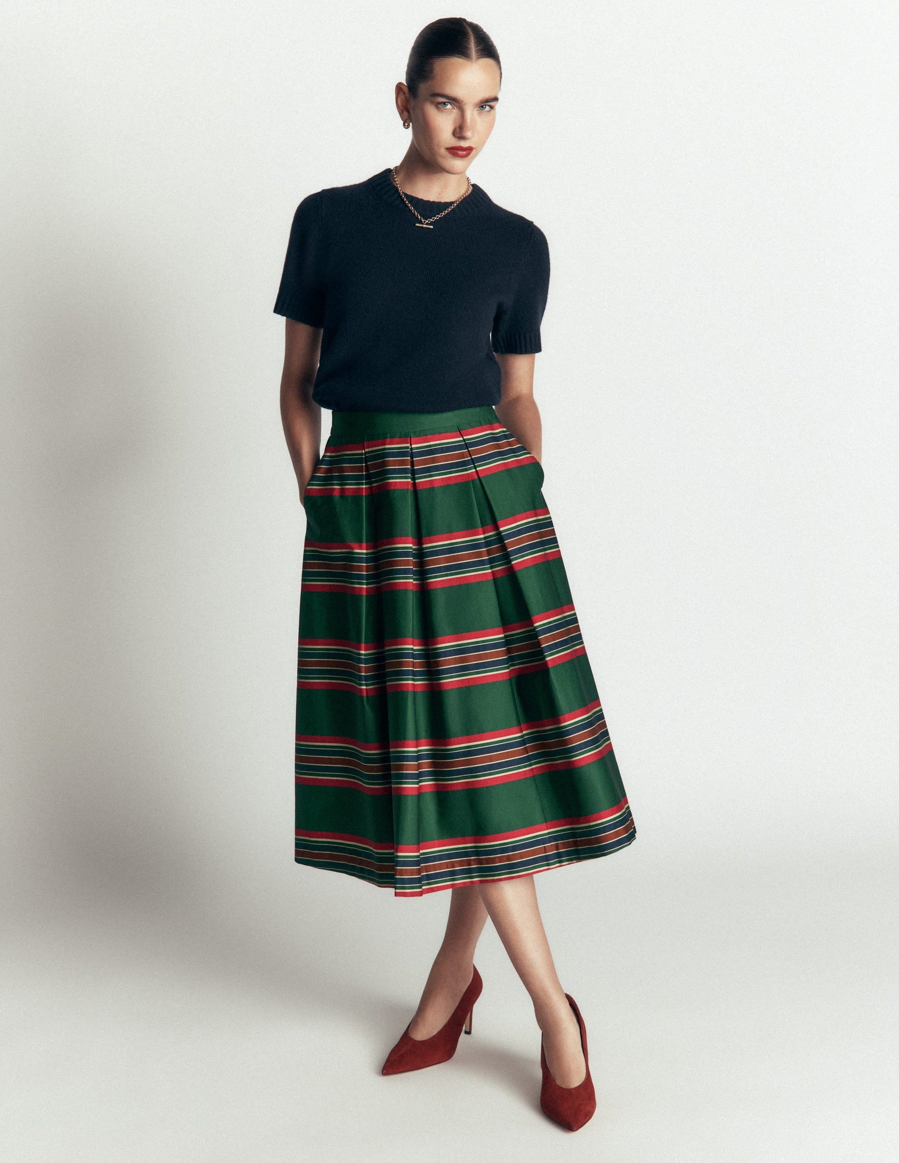 Verity  Cotton Sateen Skirt-Green, Collegic Stripe